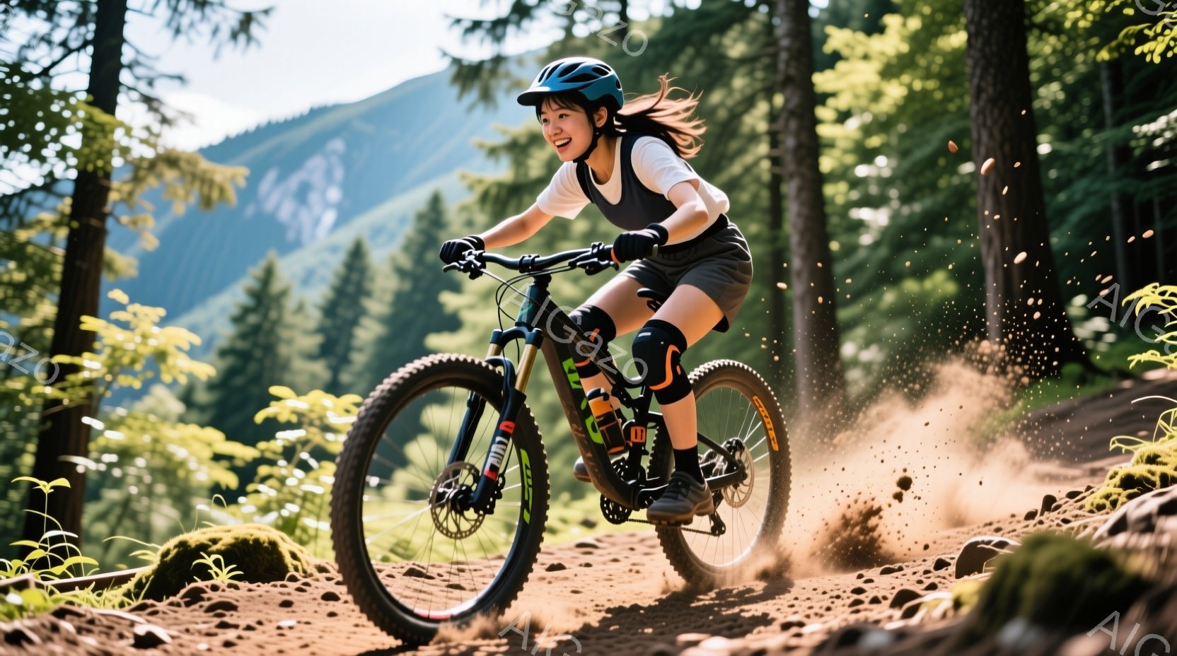 若い女性が山道でマウンテンバイクに乗っている写真です。彼女は黒いヘルメット、タンクトップ、ショートパンツ、そしてハイソックスを履いており、顔には笑顔が見えます。背景には緑豊かな森林と山々が広がり、晴天の下、埃を巻き上げながら勢いよく走っている様子が写っています。