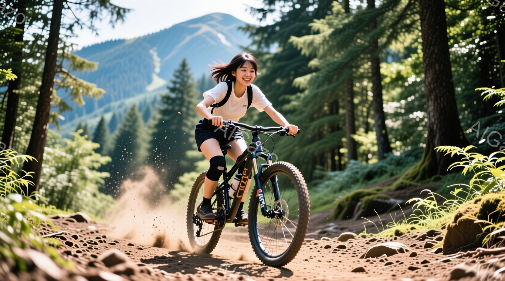 少女は山中の土道でマウンテンバイクに乗っている。白いTシャツと黒いショートパンツ姿で、髪を後ろで結んでいる。背景には緑豊かな森林と山々が広がり、晴天の下で活気に満ちた雰囲気が漂っている。