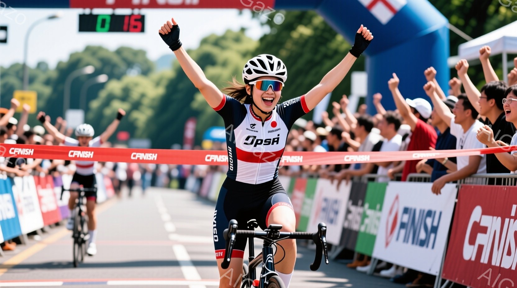 女自転車競技選手が、フィニッシュラインを駆け抜け、両手を高く上げて勝利を喜んでいます。彼女は黒のヘルメットとサングラスを着用し、青と黒のスキースーツのようなサイクルウェアを着ています。背景には他の競技者、観客、そして緑豊かな自然が見え、晴天の下、熱狂的な雰囲気が伝わってきます。