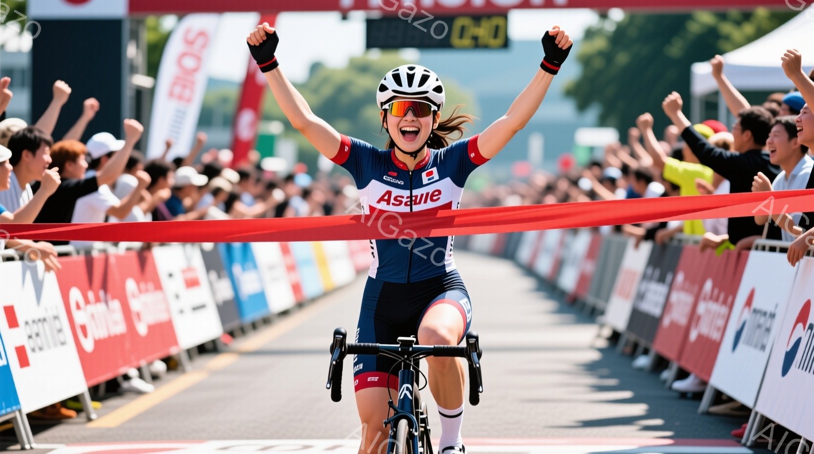 青いサイクリングウェアに身を包んだ女性が、自転車でフィニッシュラインを駆け抜けている。彼女は両腕を高く上げ、満面の笑みを浮かべ、勝利を喜んでいるようだ。背景には観客席と、中国の国旗とスポンサーロゴが描かれたフェンスが確認でき、晴天の下、熱狂的な雰囲気が伝わってくる。