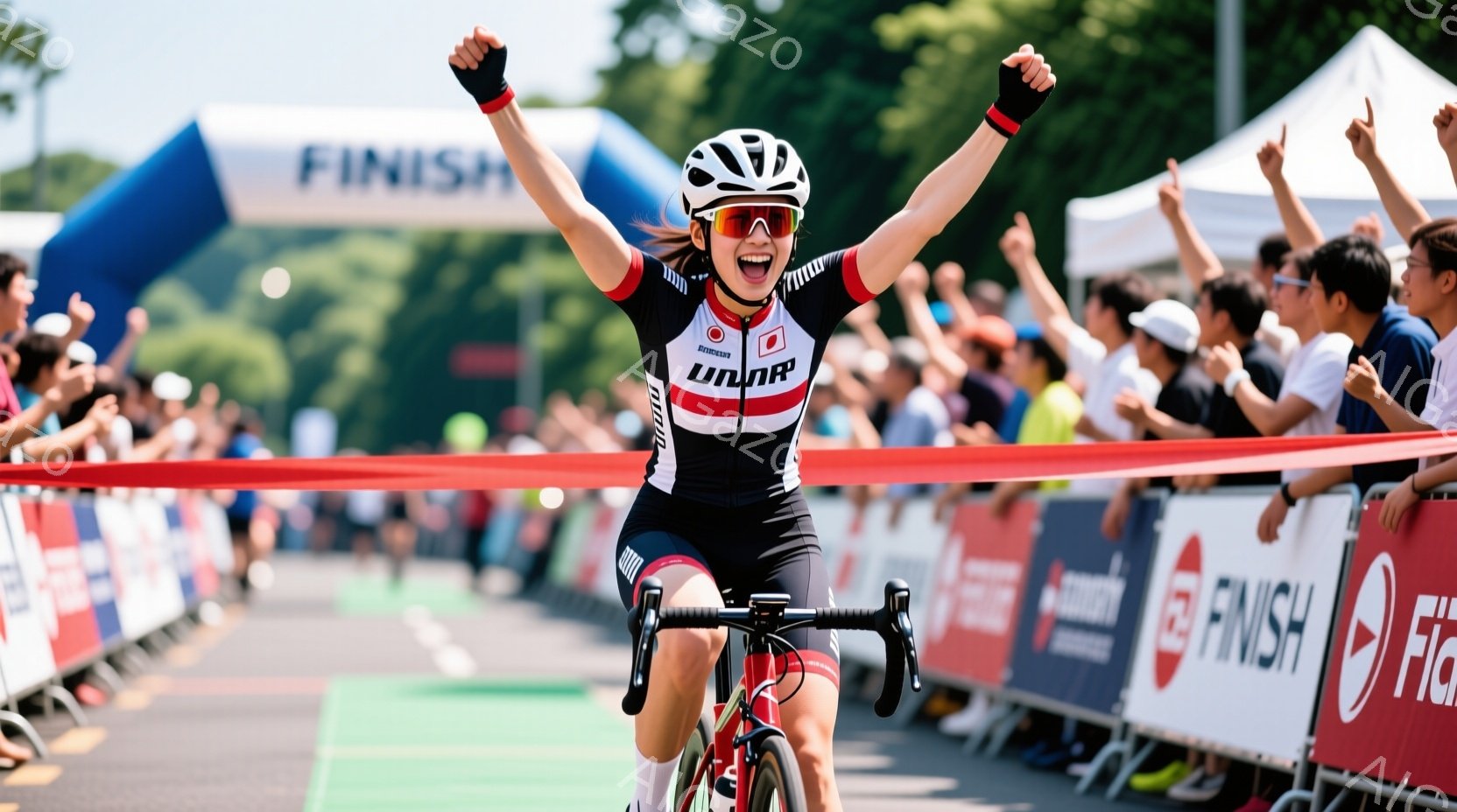 自転車競技の女性選手が、フィニッシュラインを駆け抜け、両手を高く上げて歓喜している様子が写っている。彼女は黒と赤のサイクリングウェアにヘルメットとサングラスを着用し、髪は後ろでまとめている。背景には、多くの観客が手を振り、晴天の下、緑豊かな自然が広がり、勝利の瞬間を祝う活気のある雰囲気が伝わってくる。