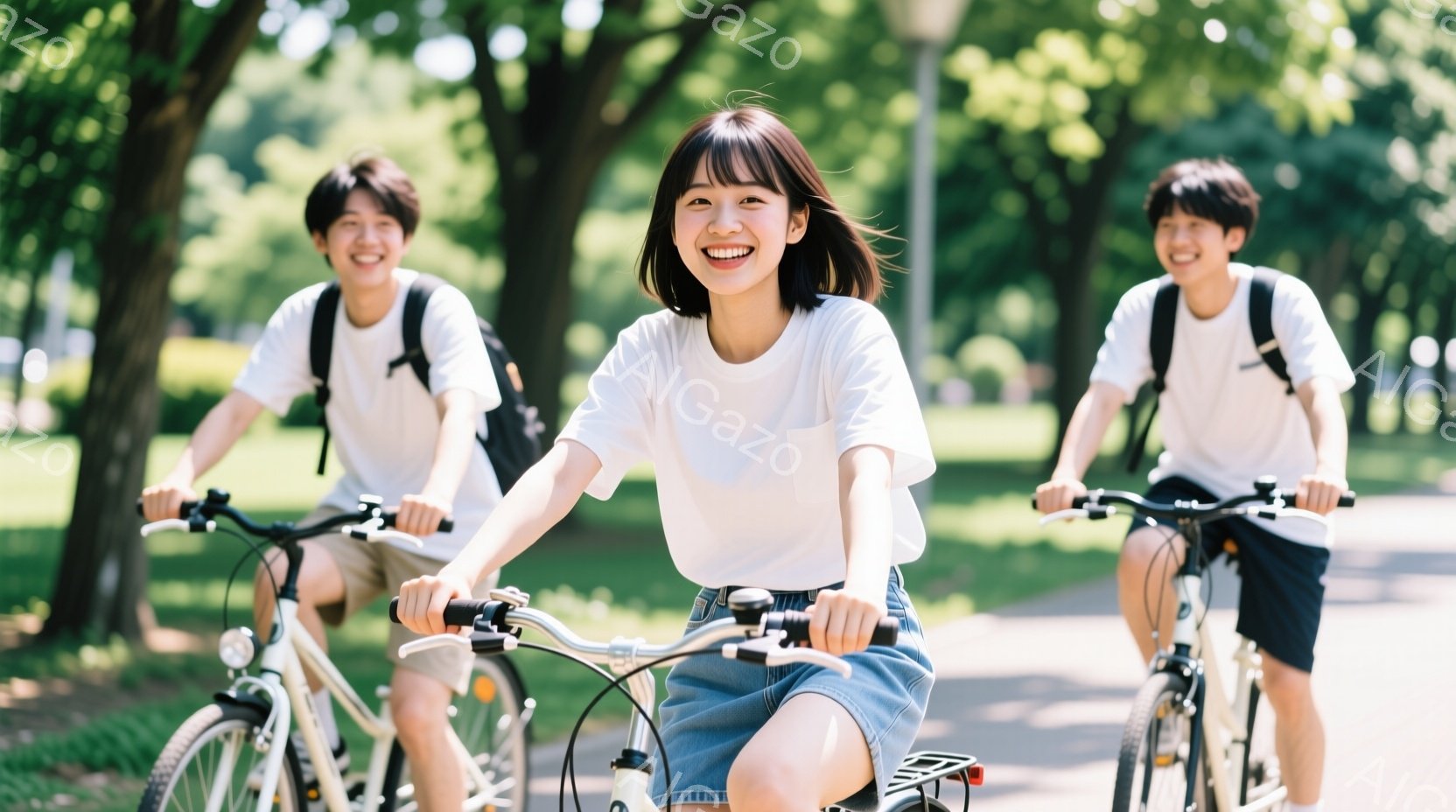 若い女性が自転車に乗って笑顔でこちらを見ている写真です。彼女は白いTシャツとデニムのスカートを着ており、髪は短く、風になびいています。背景には緑豊かな木々とアスファルトの道があり、晴天で爽やかな雰囲気 - AI生成フリー素材