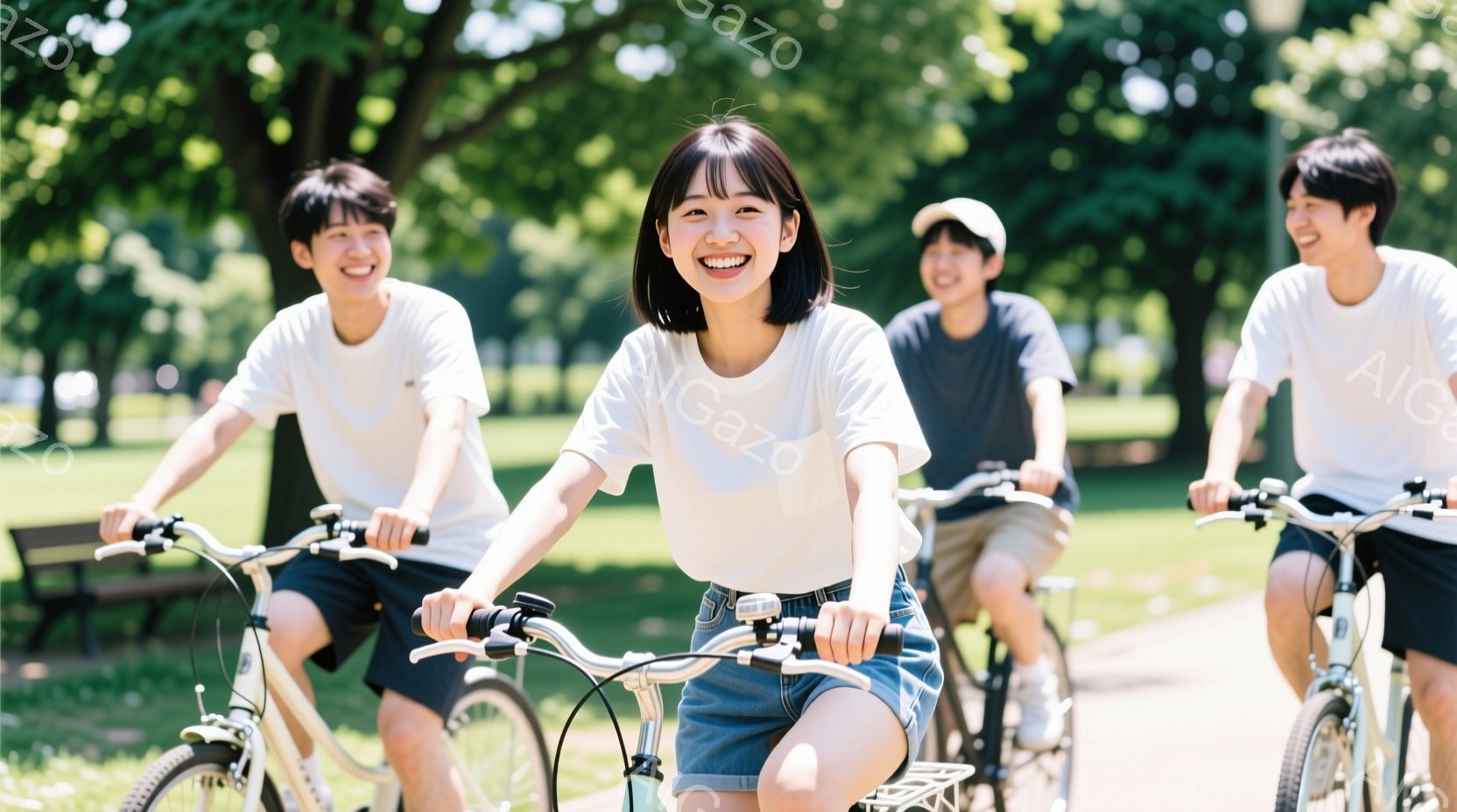 自転車に乗って道を進む若い男女が写っています。女性は白いTシャツにデニムのスカートを着用し、笑顔で前を見つめています。背景には緑豊かな木々と青空が広がり、晴れた日の穏やかな雰囲気が漂っています。