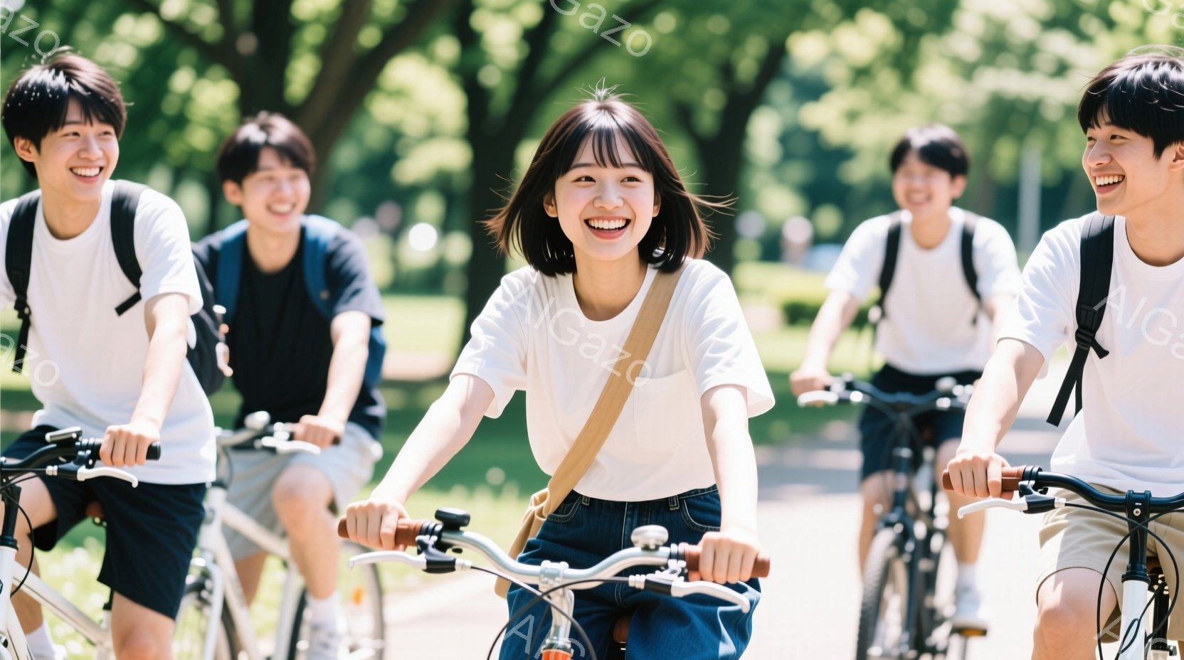 四人の若い人々が自転車に乗って並んで走っている様子が写っている。彼らは皆白いTシャツと短パンを着用し、リュックサックを背負っている。背景には緑豊かな木々と明るい日差しがあり、爽やかで活気のある雰囲気が漂っている。