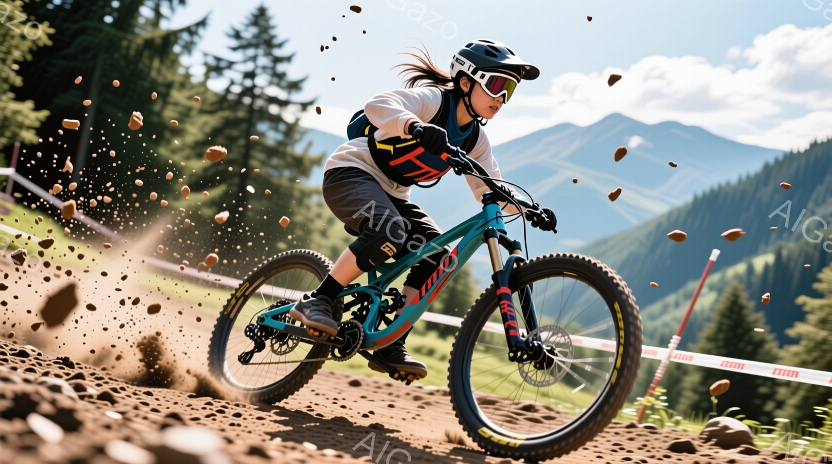 山道で山バイクに乗る女性が写っています。彼女はヘルメット、ゴーグル、長袖のシャツ、ショーツ、肘当て、手袋を身に着けており、髪はポニーテールに結ばれています。背景には緑豊かな山々と青空が広がり、埃っぽい土の道とオレンジ色のコース標識が、スピード感あふれるアクションを強調しています。