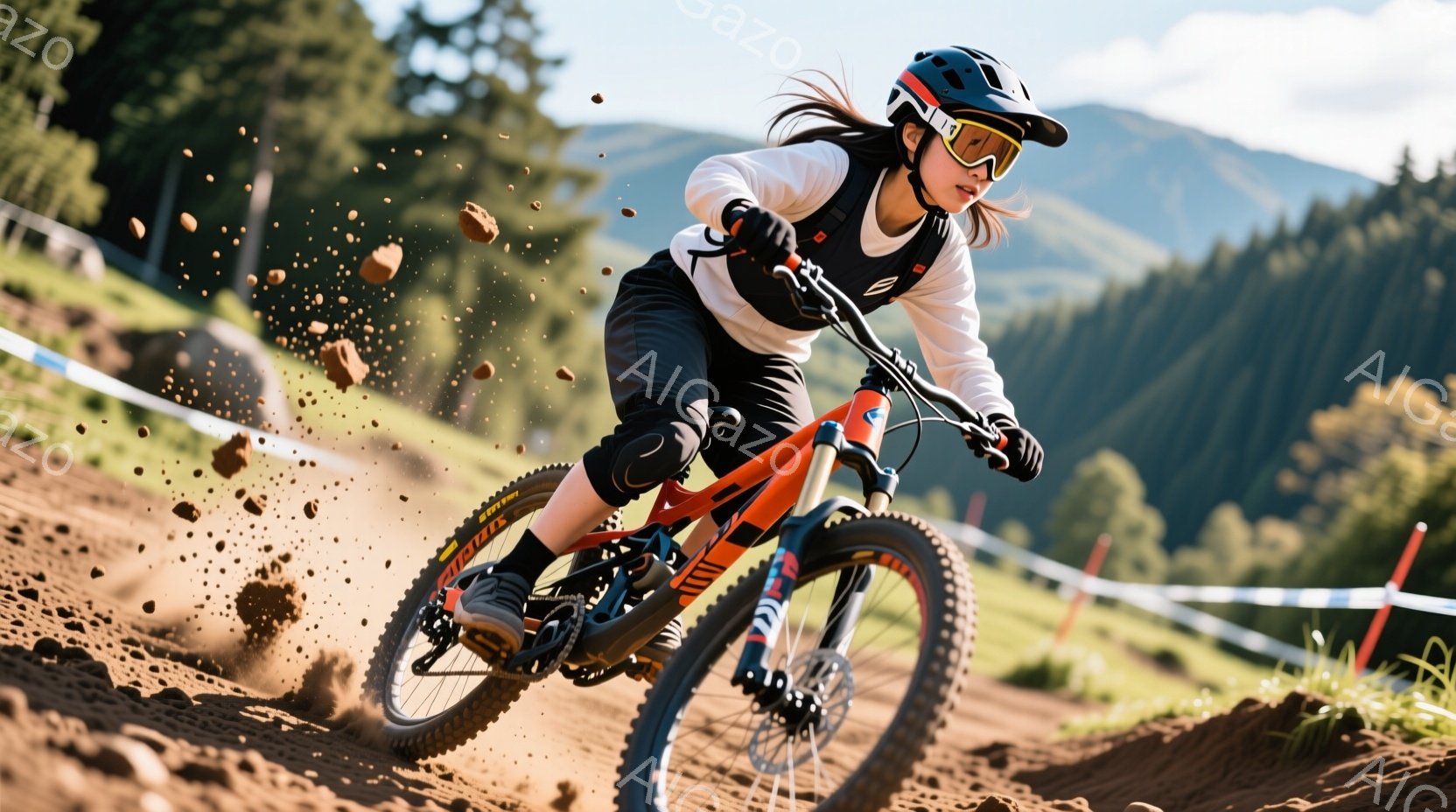 オレンジ色のマウンテンバイクに乗った女性が、土の斜面を疾走している様子が写っている。彼女は黒いヘルメットとゴーグルを着用し、黒い服を着ており、髪はポニーテールに結ばれている。背景には緑豊かな山々と青空が広がり、晴れた日のアウトドアアクティビティの活気ある雰囲気を醸し出している。