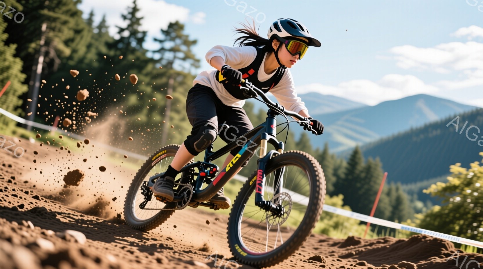 マウンテンバイクに乗る女性が写っており、泥だらけの道を高速で下っている様子が捉えられています。彼女はヘルメットとゴーグルを着用し、長髪を後ろでまとめています。背景には緑豊かな森林と遠くに見える山々が広がり、晴天の空が広がっています。