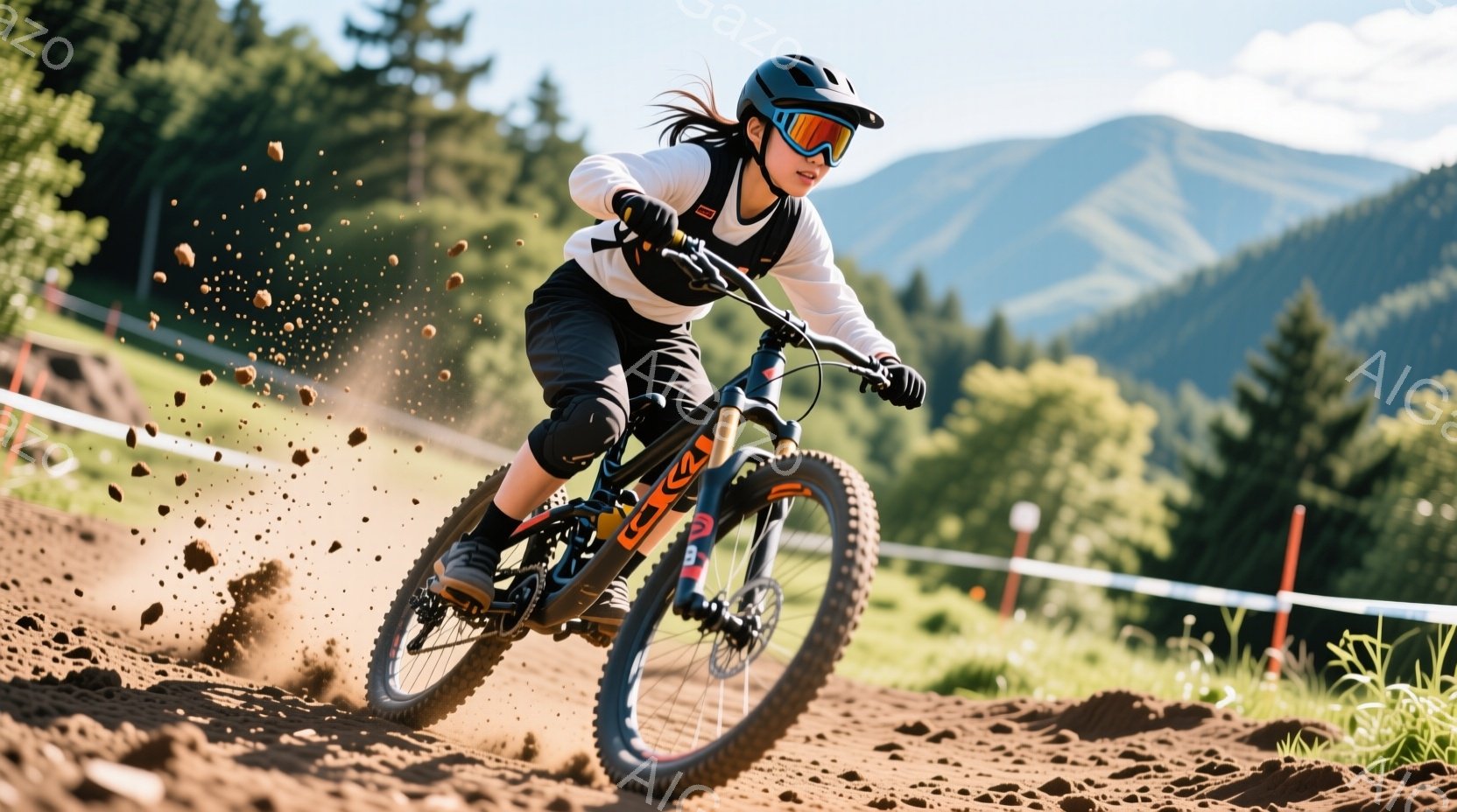 山を下る女性のサイクリストが写っている。彼女は黒いヘルメット、ゴーグル、長袖のシャツ、黒いショートパンツを着用し、髪は後ろでポニーテールに結ばれている。背景には緑豊かな山々が広がり、晴天で、埃が舞い上がっていることから、競技の最中であることがわかる。