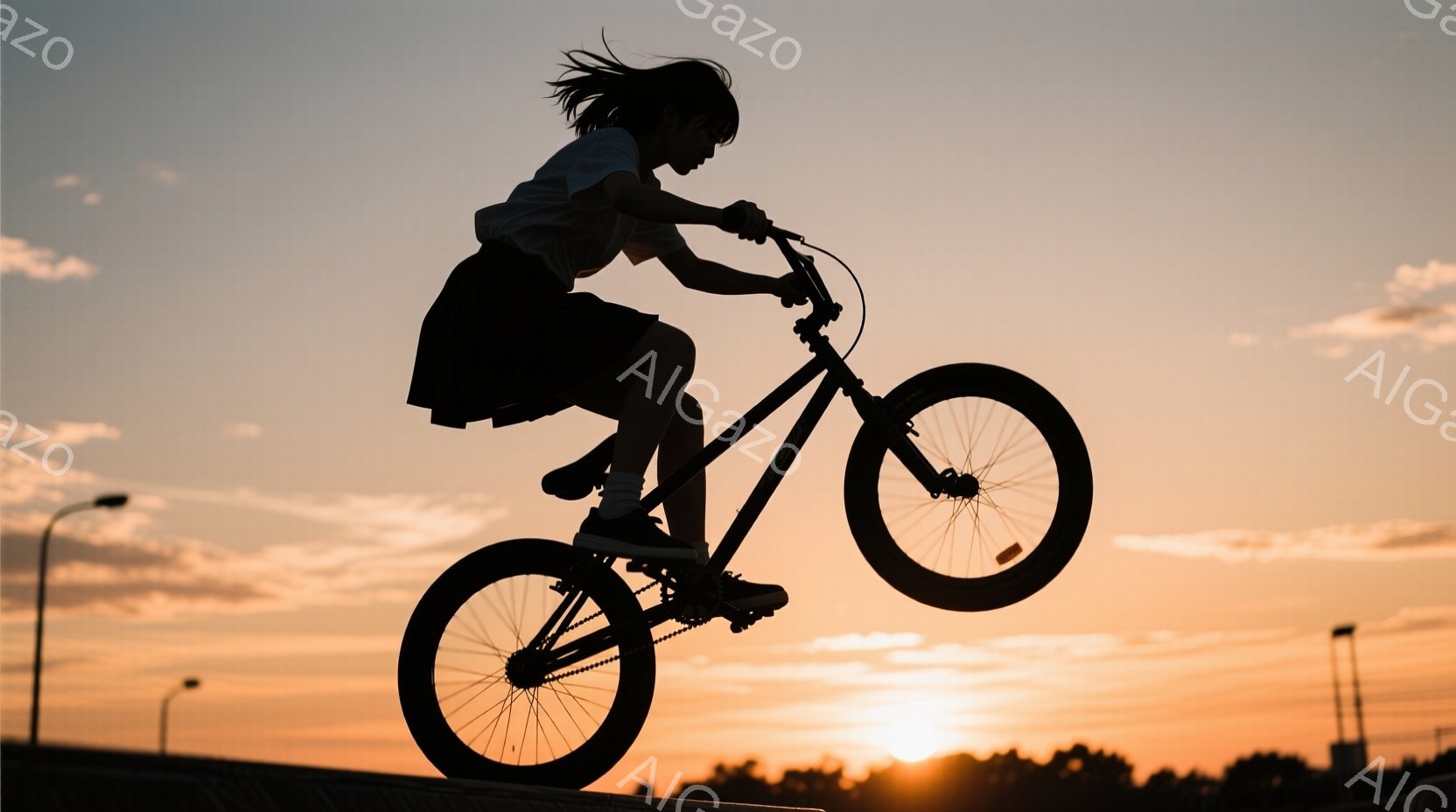 オレンジ色の夕焼けを背景に、自転車に乗った少女が空中でのトリックを決めている様子が捉えられています。少女は白いTシャツと黒いスカートを身につけ、髪は後ろでまとめています。背景には街の灯りや木々が見え、空は夕焼けのオレンジ色と少しの雲で覆われ、躍動感と自由な雰囲気を醸し出しています。