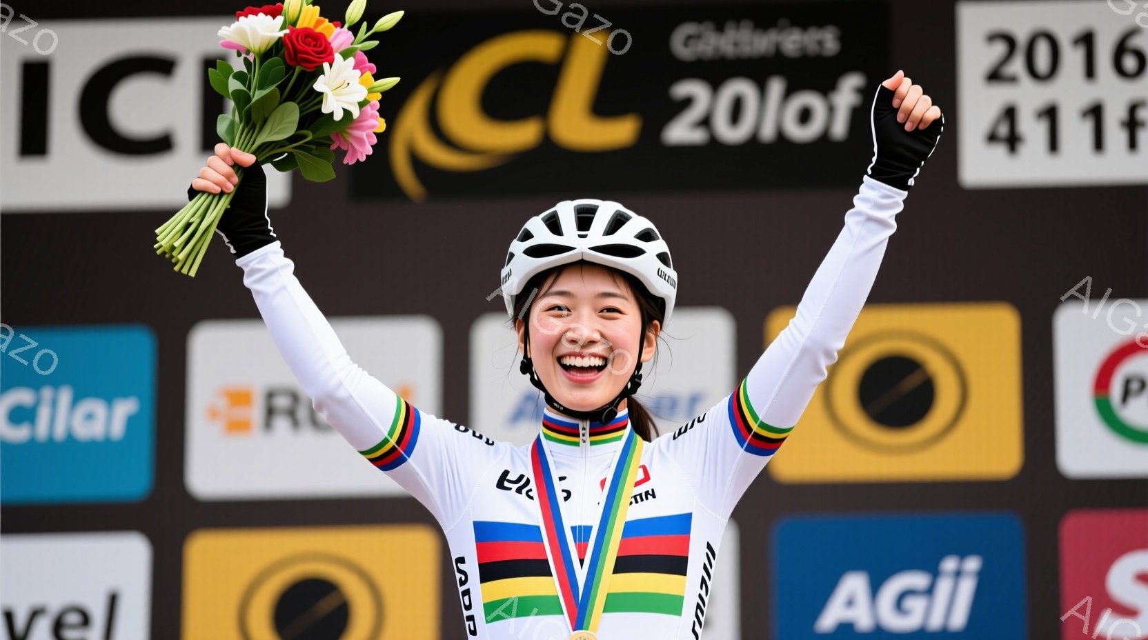 自転車競技の女性選手が勝利の喜びを表現しています。彼女はカラフルな自転車競技用のユニフォームを着用し、首には金メダル、そして手に花束を持っています。背景には色鮮やかな広告とスポンサーロゴが見え、勝利の瞬間を祝う活気ある雰囲気が伝わってきます。