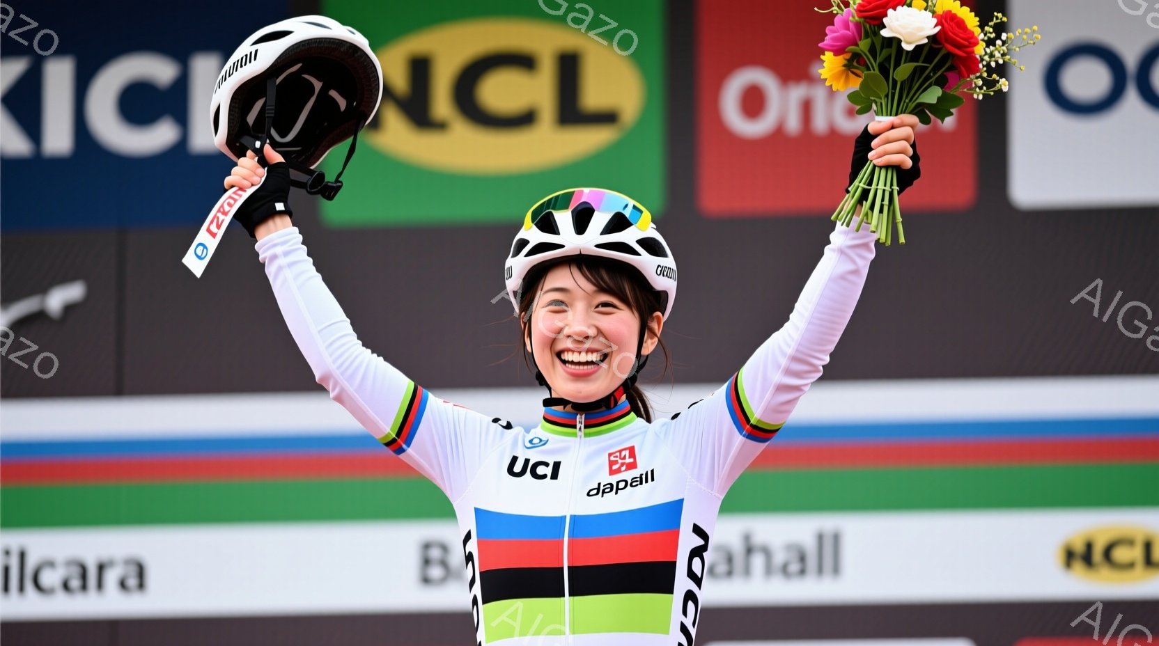 サイクリストの女性が、両手を高く上げて勝利を喜んでいます。彼女はUCIチャンピオンのジャージを着用し、黒いヘルメットを頭に載せています。背景には、カラフルなロゴが入った広告バナーが見え、活気のある勝利の瞬間が捉えられています。