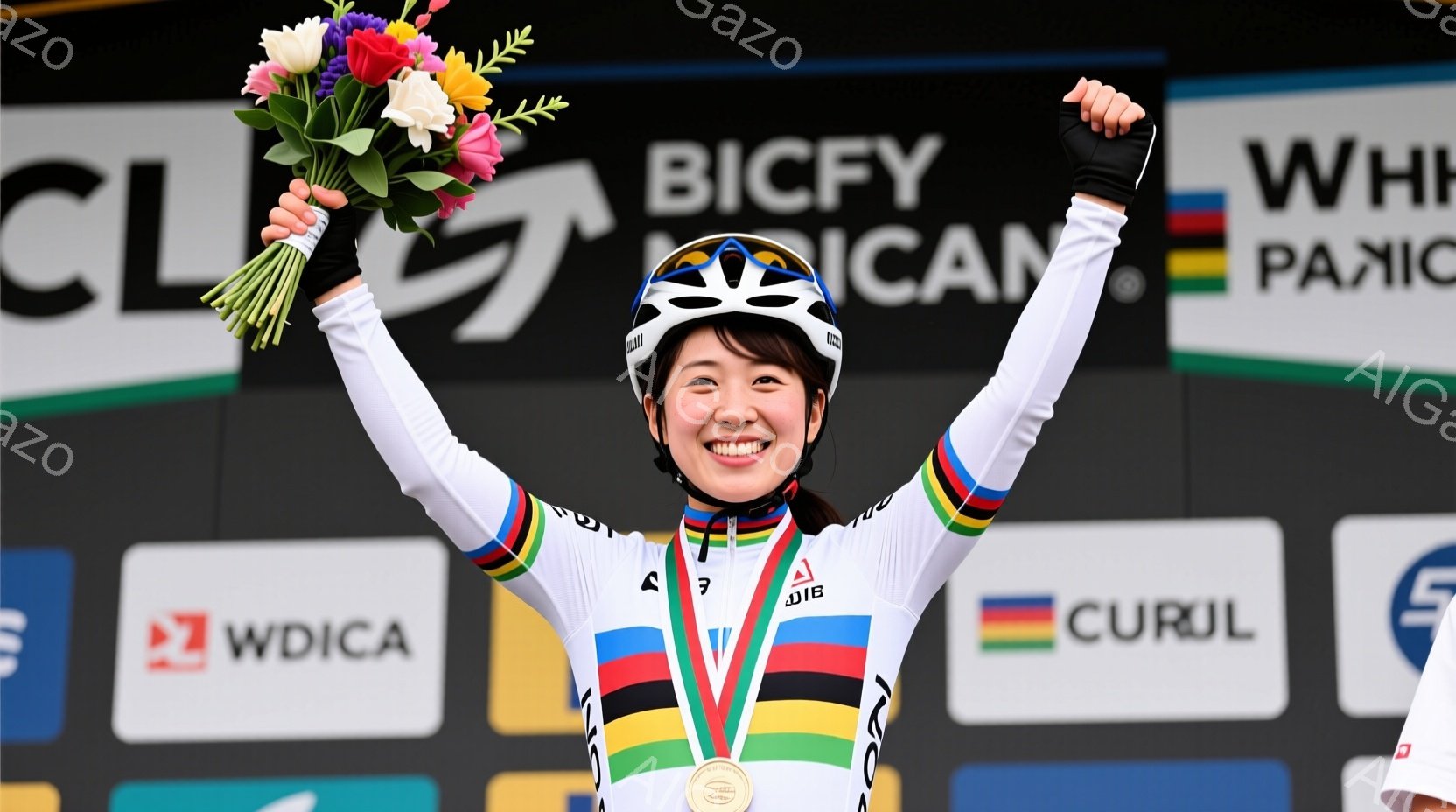 競技場で、若い女性サイクリストが両手を高く上げて勝利を喜んでいます。彼女は自転車競技用のユニフォームを着ており、首には金、銀、銅のメダルが飾られています。背景には、スポンサーロゴが入ったバナーが並び、勝利の喜びと興奮が伝わってくる様子です。