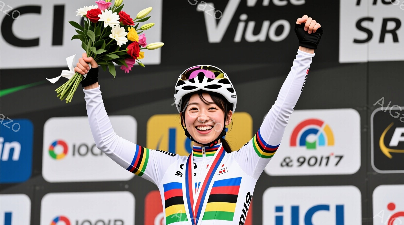 サイクリングジャージを着た若い女性が写っています。彼女は両腕を高く上げ、満面の笑みを浮かべており、勝利を喜んでいる様子が伝わってきます。背景にはスポンサーロゴが並び、レース会場の賑やかさを感じさせます。