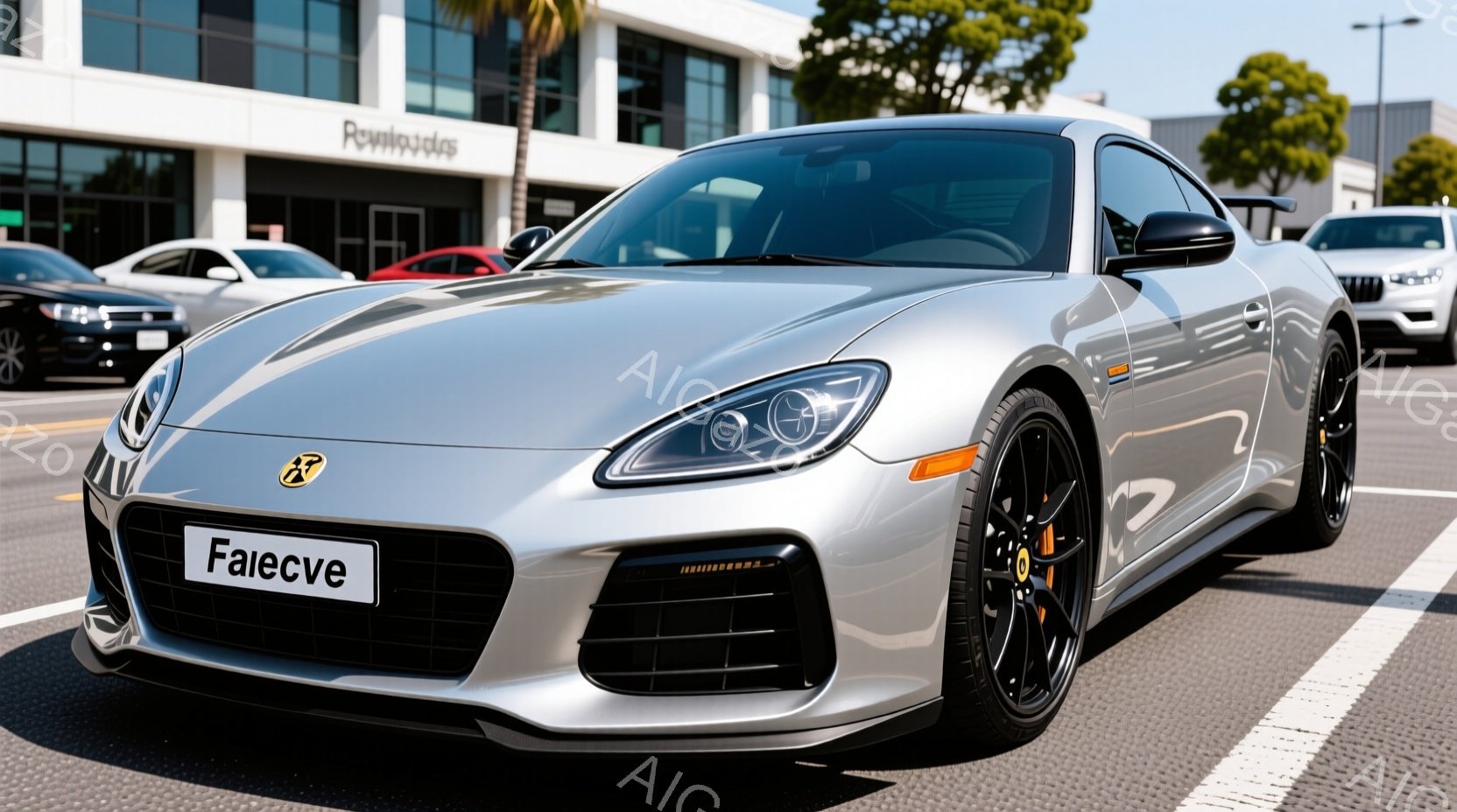 白いポルシェが駐車場に駐車されており、フロントビューで捉えられています。車体は明るい日差しを浴びて輝き、スポーティーなデザインが際立っています。背景には建物や木々が見え、晴れた日の穏やかな雰囲気が伝わってきます。