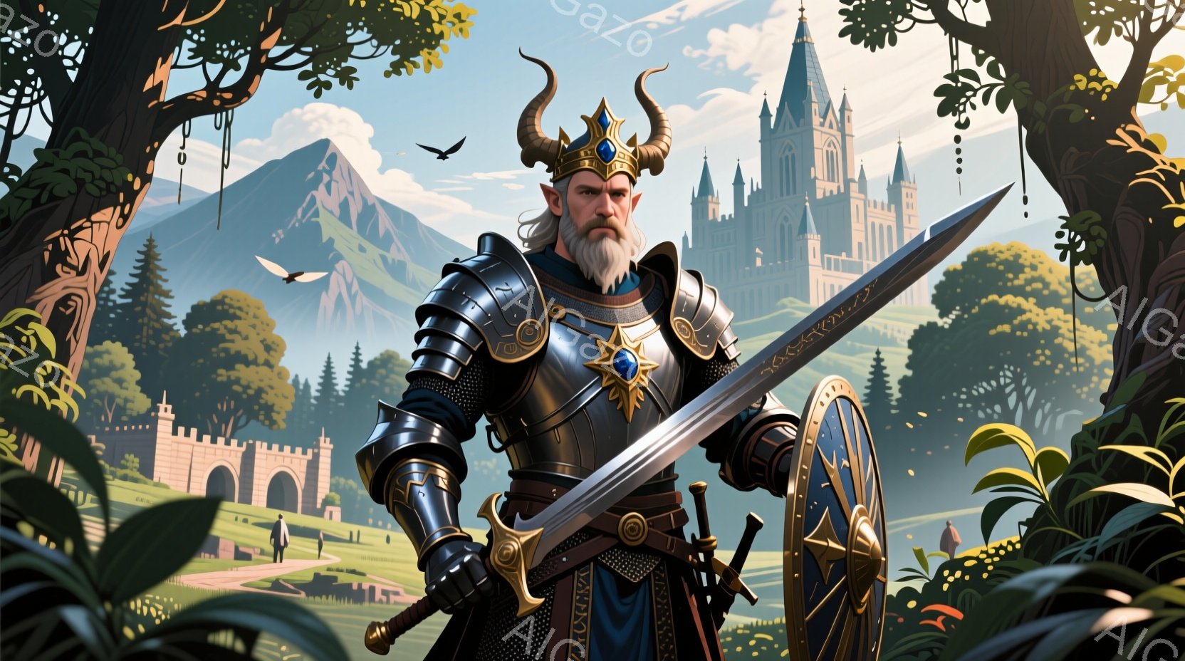 屈強な戦士が、磨き上げられた黒い鎧を身に着け、片手に大きな剣、もう片手に盾を持って立っている。彼の長く白い髭と髪は、精巧に編み込まれており、鋭い眼光は強い意志を示している。背後には、緑豊かな風景の中にそびえ立つ、中世様式の城と庭園が広がり、晴天の下、力強く堂々とした雰囲気を醸し出している。