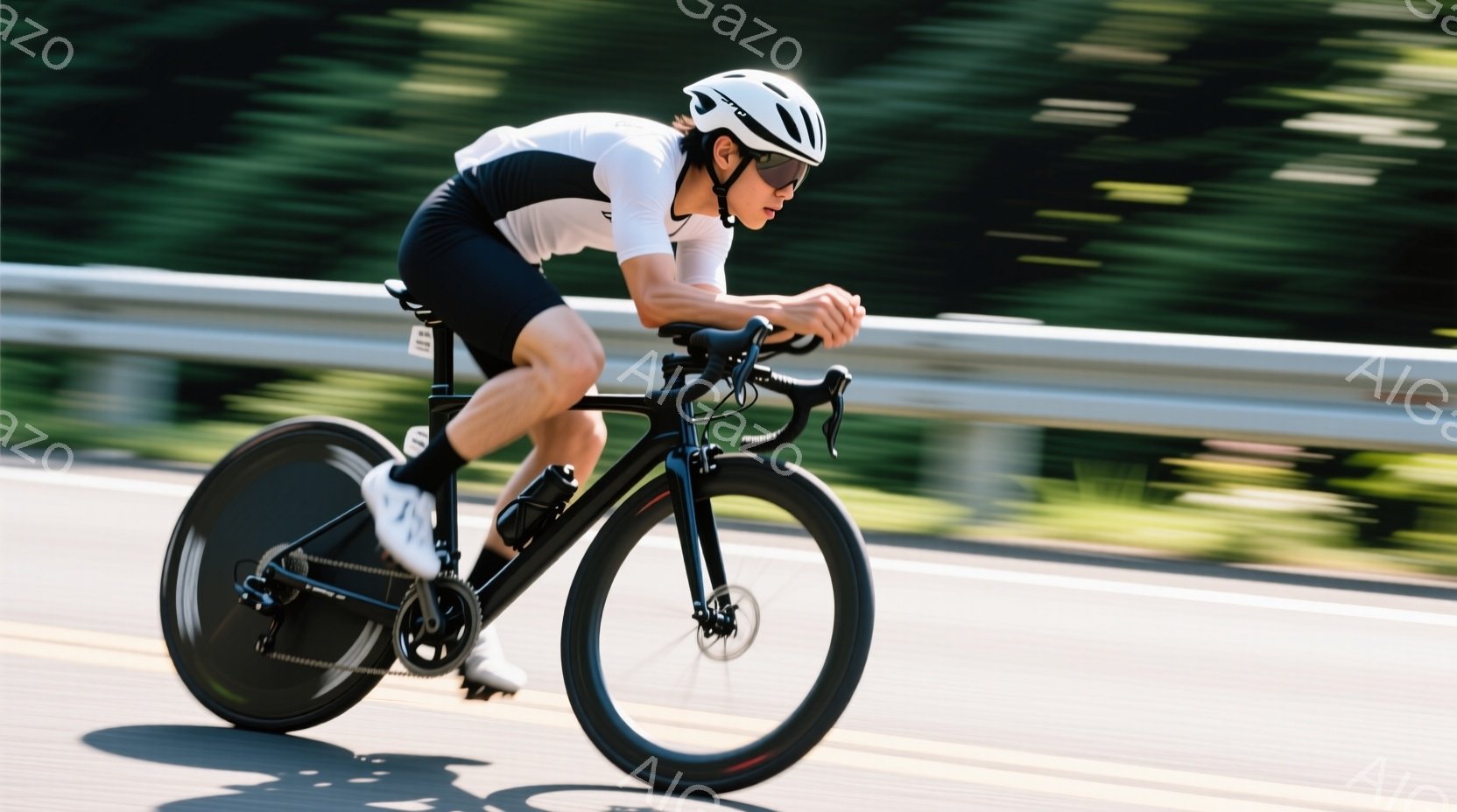 黒いロードバイクに乗った男性が、アスファルトの道路を高速で走っている様子が捉えられています。彼は白いサイクリングジャージと黒いショーツを着用し、ヘルメットを被っています。背景には緑豊かな自然とガードレールが見え、晴天の下、スピード感あふれる様子が印象的です。