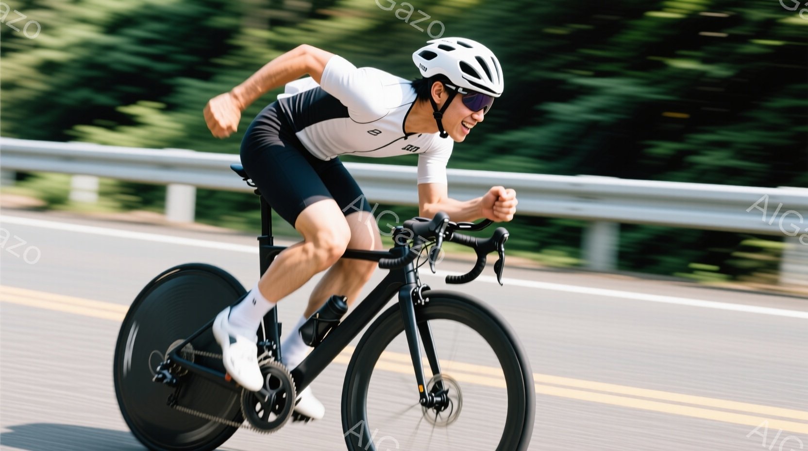 サイクリストは、黒と白のサイクリングウェア、ヘルメット、サングラスを着用し、真剣な表情でロードバイクを走らせています。彼は前傾姿勢で、ペダルを力強く漕ぎ、スピード感あふれる様子が伝わってきます。背景には緑豊かな自然と道路のガードレールが見え、晴れた日のアクティブなシーンを捉えています。