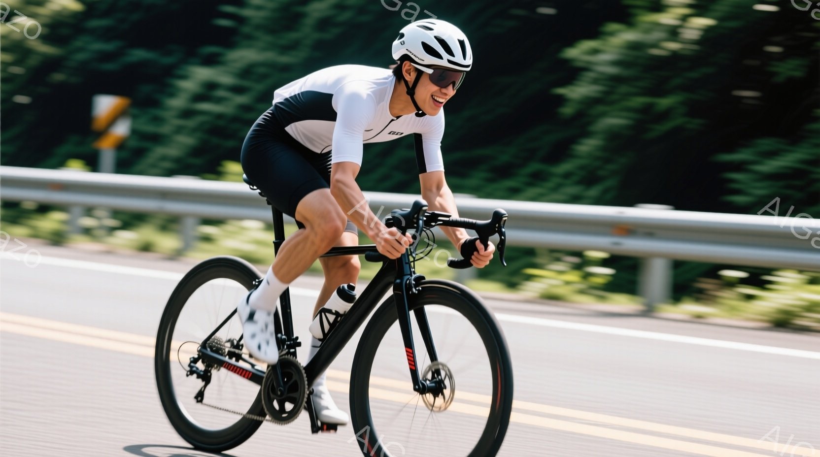 道路を疾走する自転車競技選手の様子が写っている。彼は黒のヘルメットとサングラスを着用し、白と黒のサイクルウェア姿で、力強くペダルを漕いでいる。背景には緑豊かな木々と青空が広がり、快晴の日のサイクリングを楽しんでいる様子が伝わる。