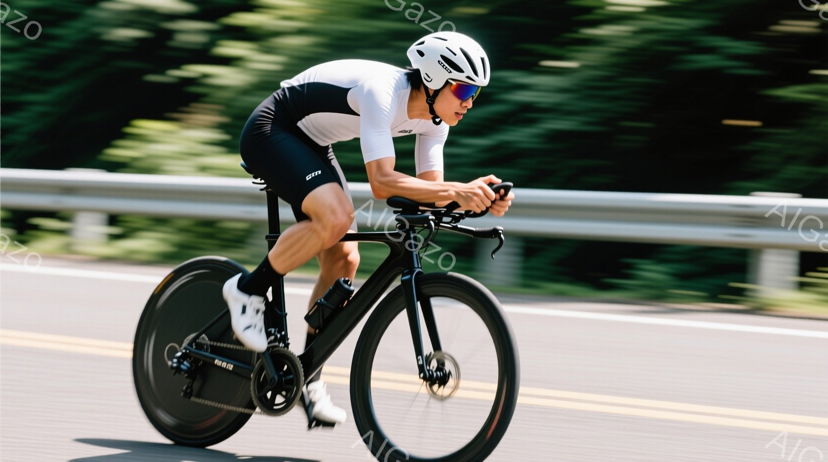 サイクリストは、白と黒のエアロロードバイクに乗って、アスファルトの道路を高速で走っている。彼は、黒のヘルメット、サングラス、白と黒のサイクリングウェアを身に着けており、集中した表情で前を見据えている。背景には緑豊かな木々が見え、晴天の下、スピード感あふれるアクティブな雰囲気を醸し出している。