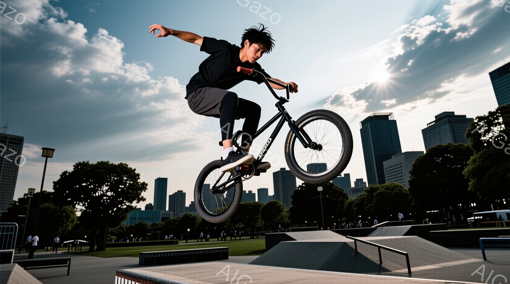 空中でのBMXトリックを決めている男性が写っている。彼は黒の半袖シャツと黒のパンツを着用し、髪は短く整えられている。背景には高層ビル群と緑豊かな公園、そして曇り空が広がり、躍動感と都会の雰囲気が混ざり合っている。