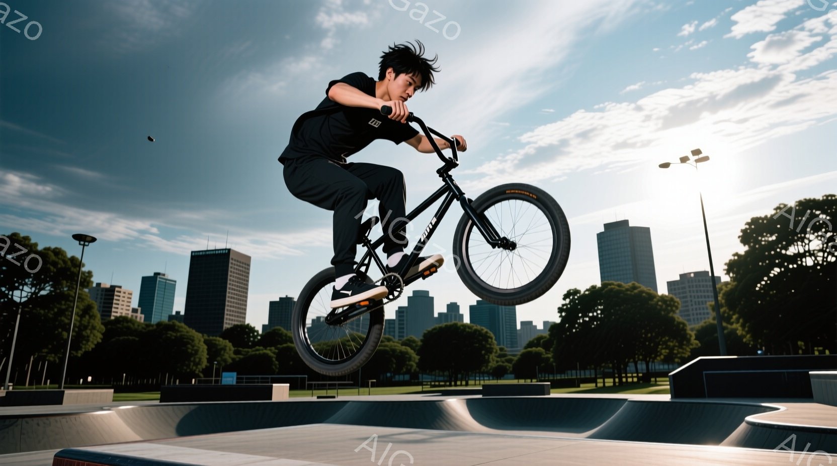 若い男性がスケートパークでBMXバイクで空中トリックを決めている様子が写っている。彼は黒いTシャツとズボンを身につけ、髪は無造作にセットされており、集中した表情でバイクを操っている。背景には高層ビル群と緑豊かな木々が見え、晴天の下、活気と躍動感に満ちた雰囲気である。