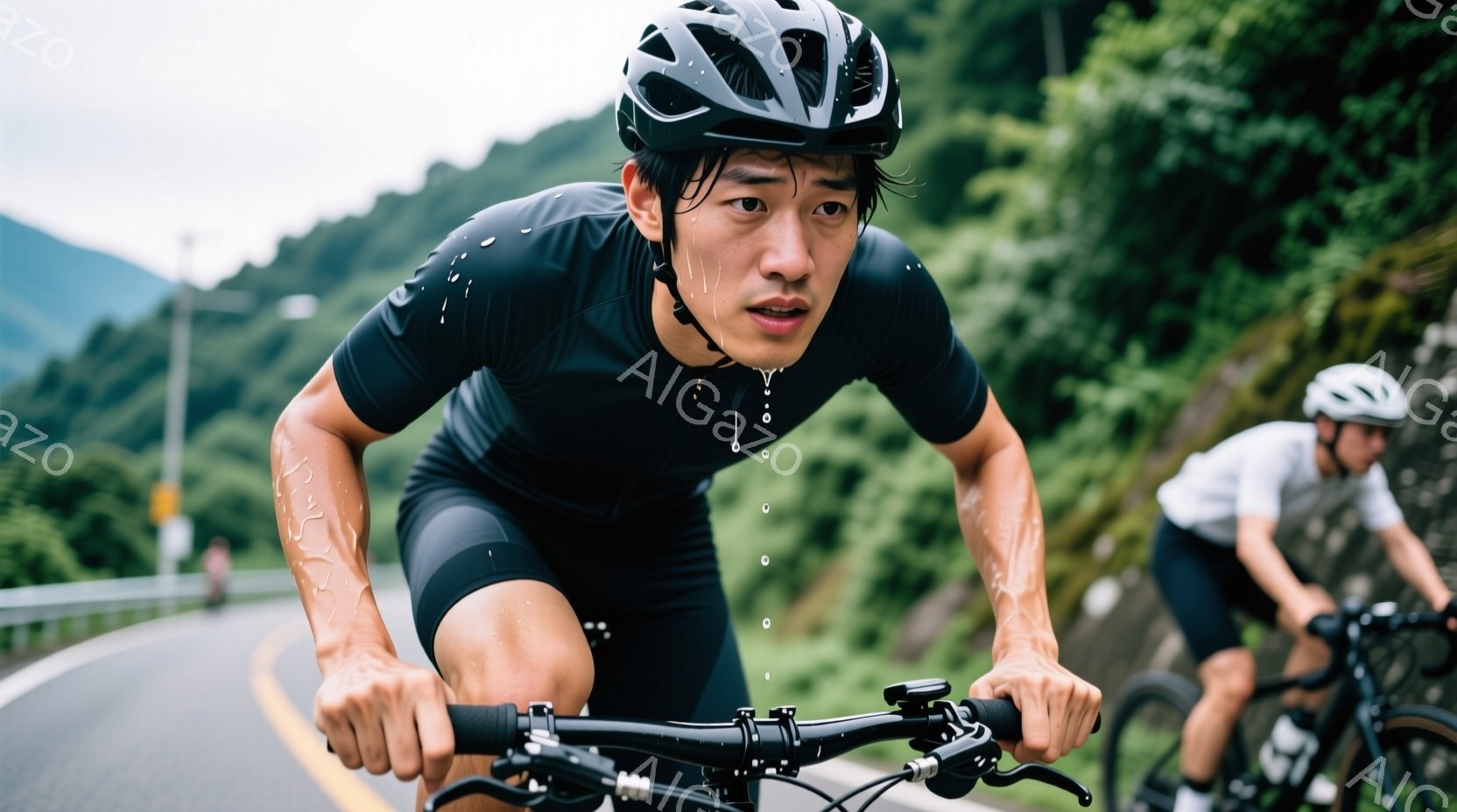 黒いサイクリングウェアにヘルメットを被った男性が、起伏のある山道を自転車で走行している。汗が額から流れ落ち、真剣な表情でハンドルを握り、力強くペダルを漕いでいる様子が伺える。背景には緑豊かな山々と道路が見え、天候は晴れで、運動するアスリートのエネルギーと自然の雄大さを感じさせる。