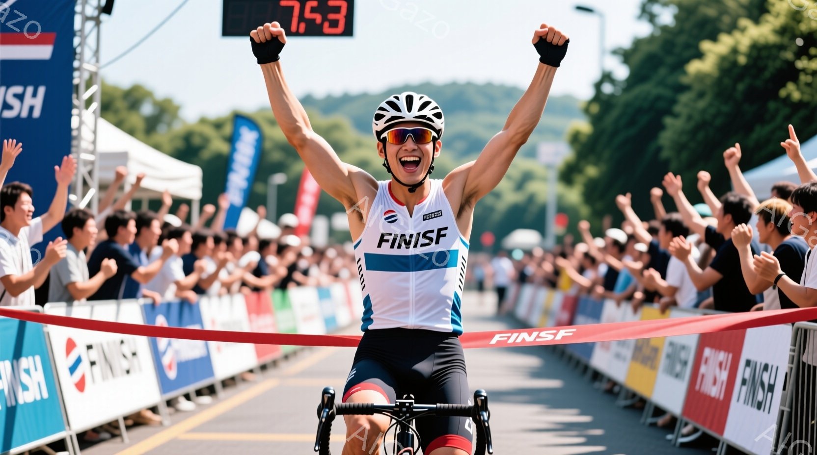 サイクリストがフィニッシュラインを駆け抜け、両手を高々と上げて勝利を喜んでいる姿が写っている。彼は白いシャツに黒いショーツ、ヘルメットとサングラスを着用し、満面の笑みを浮かべている。背景には観客席や緑豊かな山々が見え、晴天の下、活気に満ちたレースの最終シーンを捉えている。