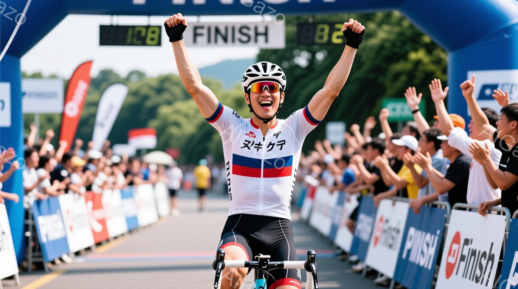 サイクリストがフィニッシュラインを駆け抜け、両手を高く上げて勝利を喜んでいます。彼は白いサイクルジャージに黒いショーツ、ヘルメットを着用し、興奮した表情をしています。背景には観客席と緑豊かな山々が広がり、晴天の下、熱気あふれる雰囲気です。