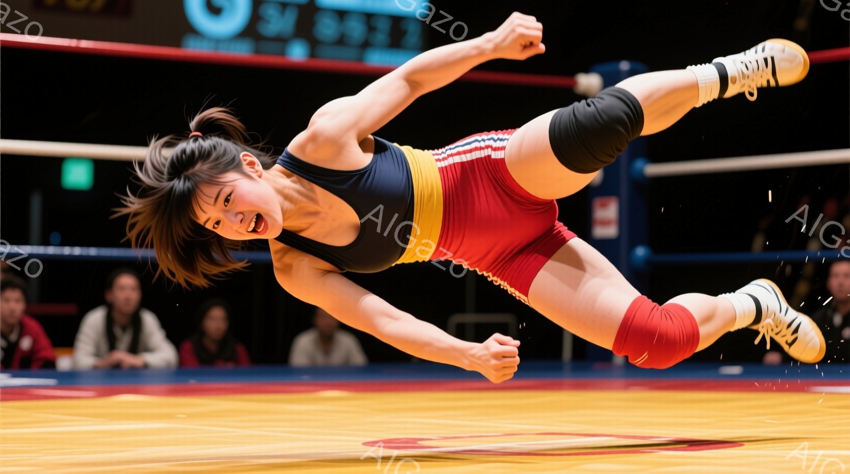 画像はレスリングまたは格闘技の試合中の女性アスリートを捉えています。彼女は赤いショートパンツと黒いタンクトップを着ており、右手にグローブをはめて、空中で体をねじりながら攻撃の姿勢をとっています。背景にはぼやけた観客席とリングロープが見え、活気のある競技場の雰囲気が伝わってきます。