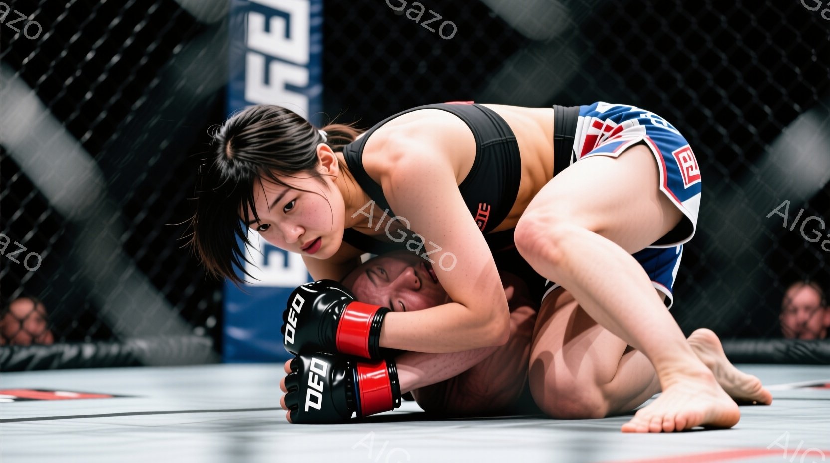 画像は女性格闘家が別の格闘家の上に覆いかぶさっている様子を捉えています。彼女は黒いスポーツブラとショーツを着用し、髪は後ろでまとめています。緊張した表情で相手を抑え込もうとしており、背景はリングのロープと観客席が見え、試合の緊迫感を高めています。
