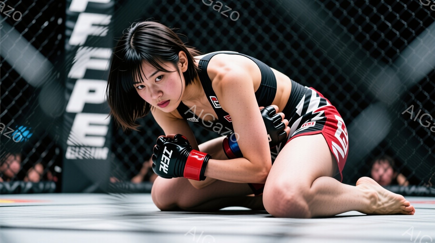 鮮やかな赤いボクシンググローブと黒いスポーツブラ、黒のショーツを着用した女性アスリートが、リング中央で膝をついて構えています。彼女は強い意志を感じさせる鋭い眼差しで前を見据え、筋肉質な体つきが印象的です。背景は格闘技リングで、観客席の一部が見え、緊迫感と競技の雰囲気を醸し出しています。