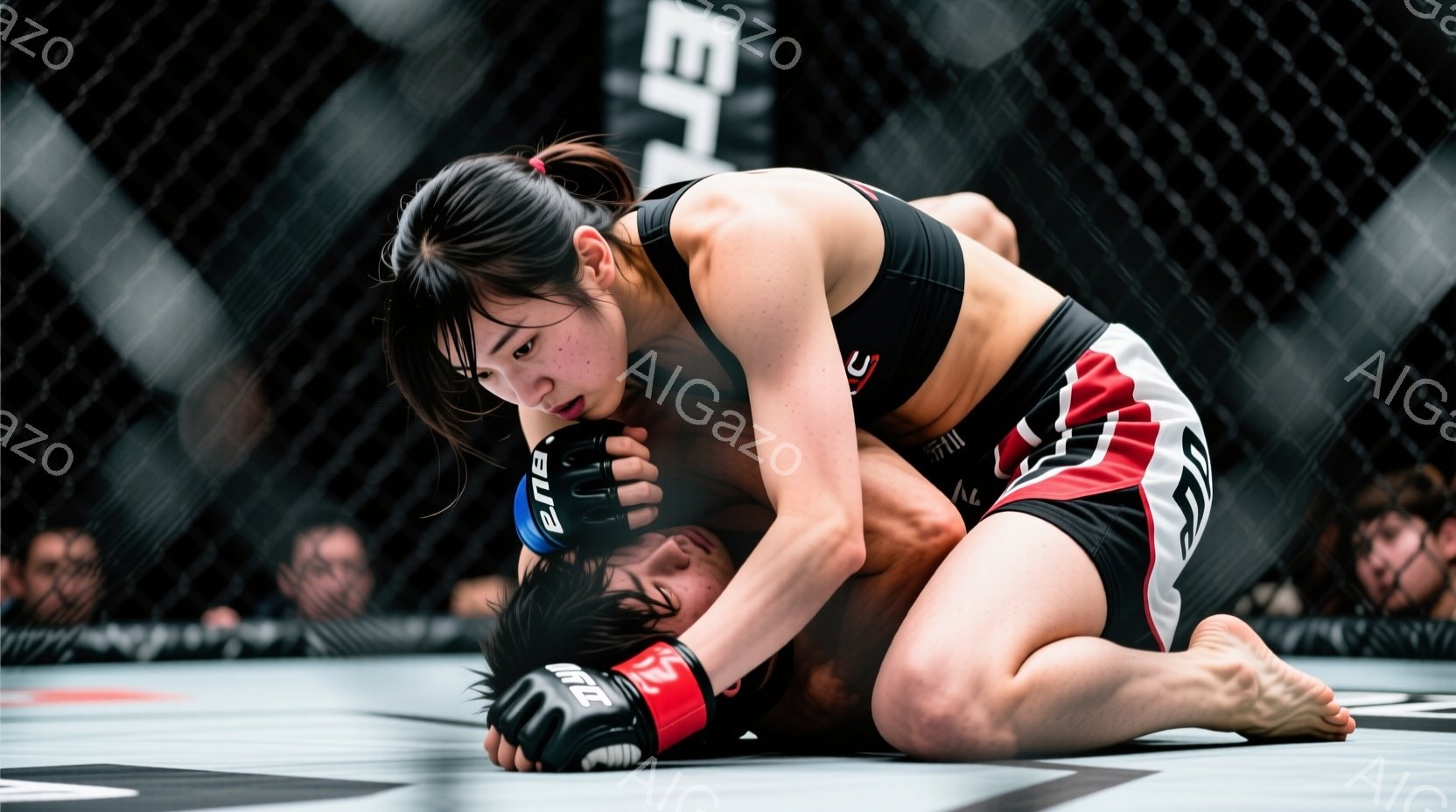 競技場のような場所で、女性ファイターが相手を抑え込む様子が写っている。彼女は黒いヘアスタイルで、赤いグローブと黒と赤のストライプ柄のショーツを着用し、厳しい表情で相手の腕をロックしている。背景には観客席が見え、リング全体が緊迫した雰囲気に包まれている。
