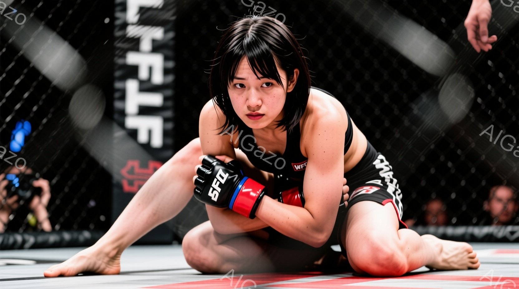 この女性は格闘技の試合中の様子で、床に座り、膝を曲げて防御姿勢をとっています。彼女は黒いヘアスタイルで、赤い格闘技グローブと黒いスポーツブラ、黒いショーツを着用しており、真剣な表情で前方に視線を向けています。背景にはぼやけた観客席と、試合会場の暗い照明が見えます。