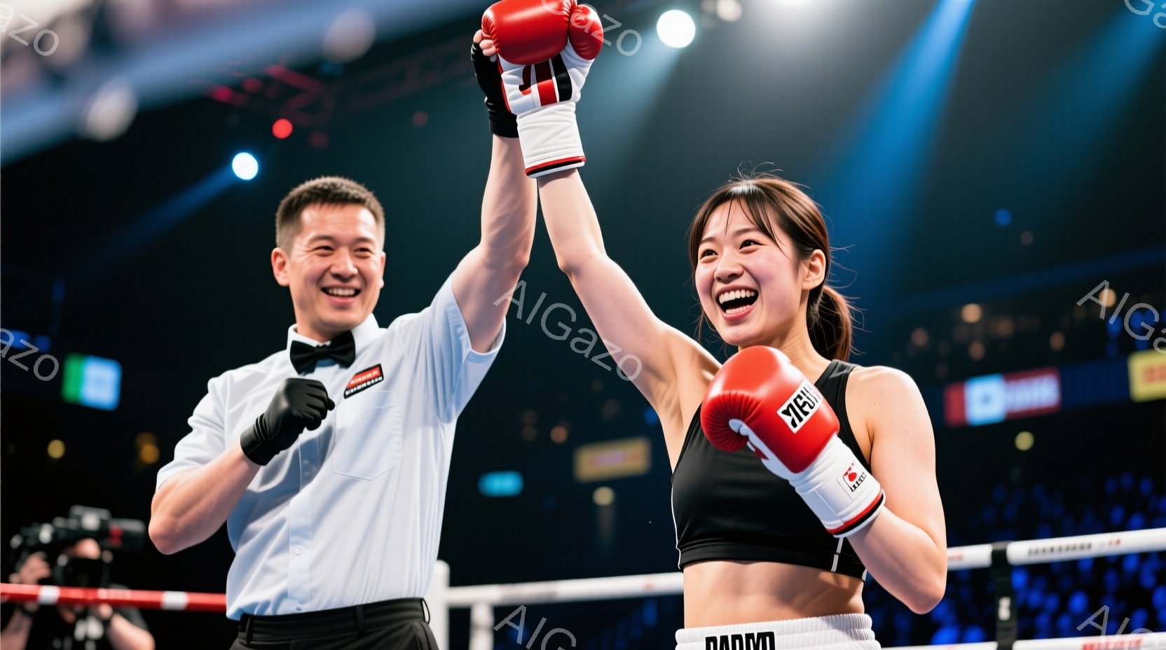 試合に勝利した女性ボクサーが、リング上で両手を高く上げて喜んでいます。彼女は黒いスポーツブラとショーツ姿で、髪を後ろで一つにまとめ、満面の笑みを浮かべています。背景には観客席とリングロープが見え、リングの隅にはスポンサーのロゴが並び、勝利の喜びと高揚感が伝わる様子です。