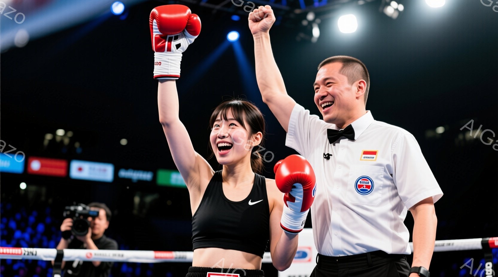 リングの中に若い女性ボクサーがおり、右手を高く上げて勝利をアピールしている。彼女は赤いボクシンググローブと黒いスポーツブラ、短いショーツを着用し、髪はハーフアップにまとめられている。背景には観客席の一部とカメラマンが見え、リングアナウンサーと思われる男性が彼女の隣で同じように腕を上げている。
