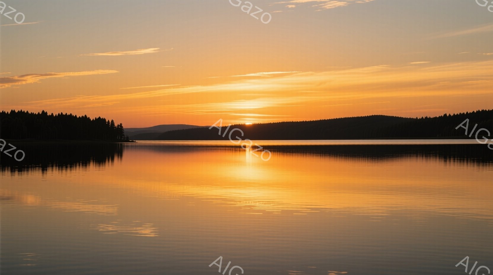 穏やかな湖面が、夕焼けのオレンジ色と金色を映し出している。遠くの丘陵と森林がシルエットとなり、静寂な風景を作り出している。空は鮮やかなオレンジ色から徐々に暗くなり、穏やかな夕暮れ時の雰囲気が漂っている - AI生成フリー素材