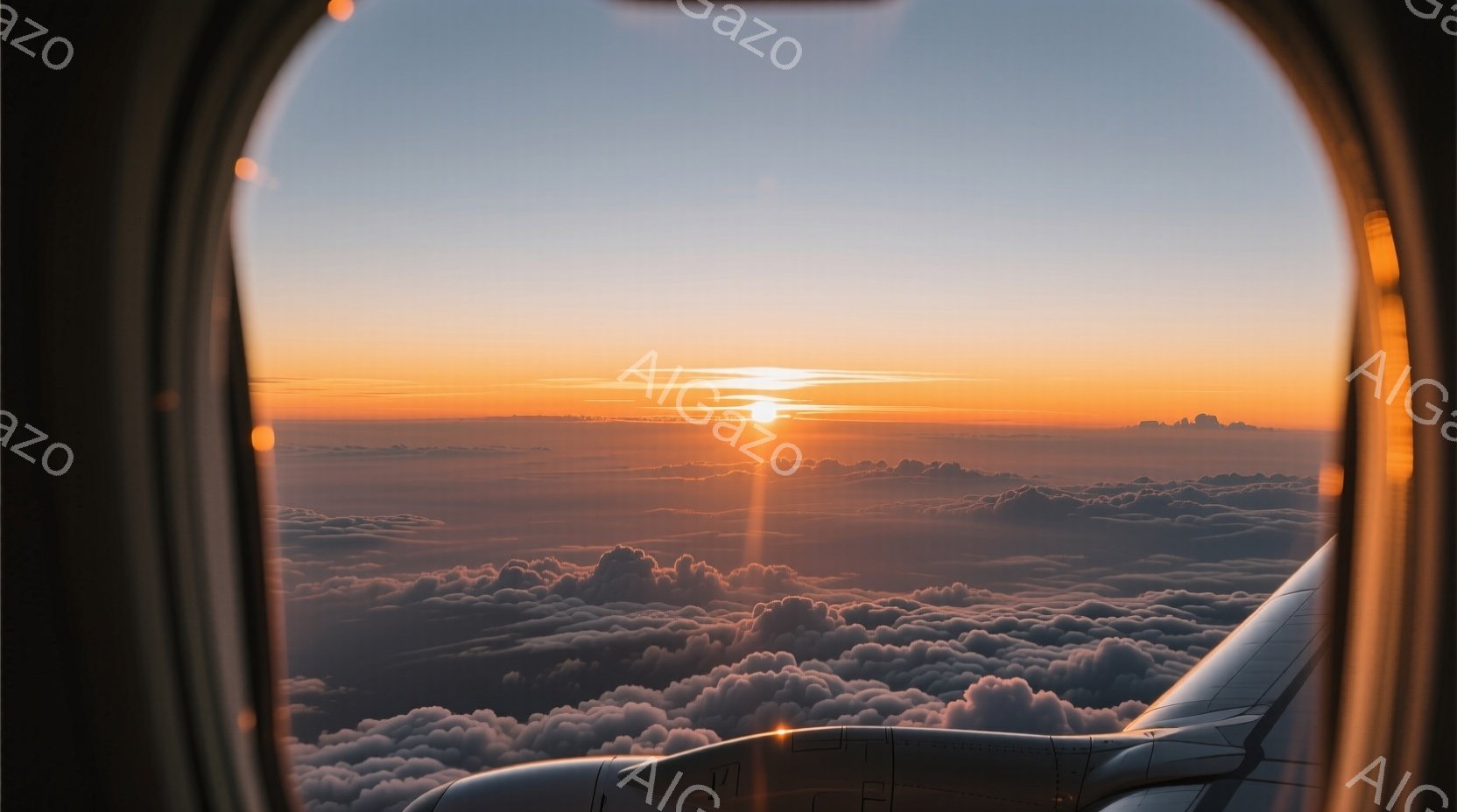 飛行機の窓から見下ろす壮大な景色が広がっている。オレンジとピンクが混ざり合った夕焼けが雲海を照らし、地平線に沈む太陽が強い光を放っている。翼の一部がフレームに写り込み、旅の始まりや終わりに立ち会う特別な瞬間を捉えている。