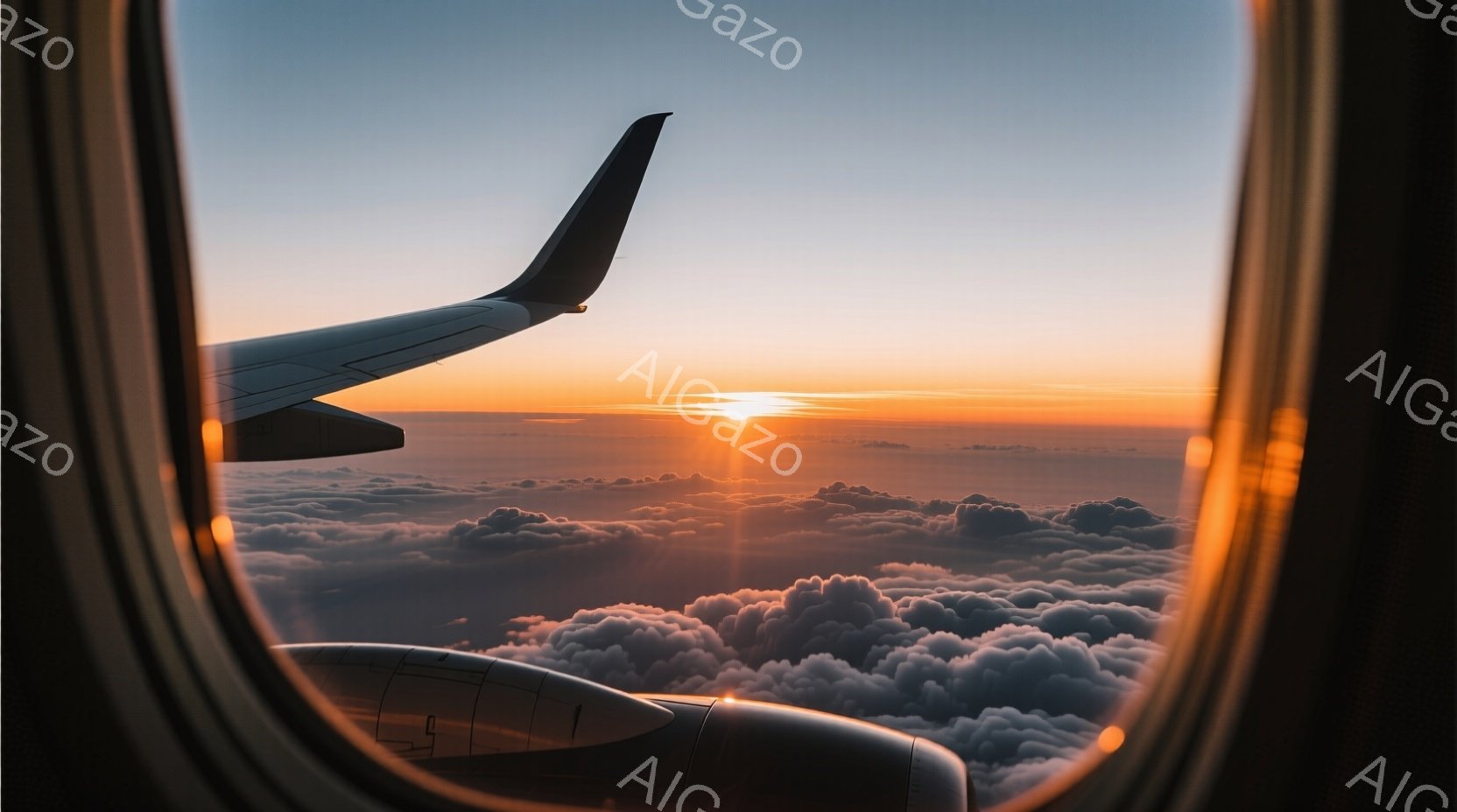プランビジョン内の空中からの写真で、太陽が地平線下で日没する時間であり、淡い黄色の空の背景に描かれています。写真を撮影した人は座席内に座っており、逆さになって見るために上手に配置されているようです。その人は航空機の窓から写真を撮影していますが、表情や服装、動作については詳細が不明です。全体として、雰囲気は平静であり、空の景色や雲の様子を含め、飛行機内からの美しい日没シーンに重点が置かれています。