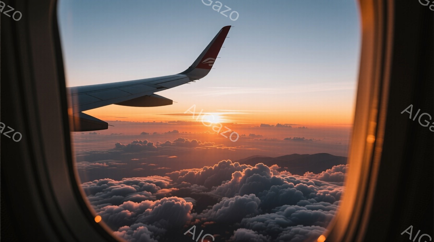 飛行機の翼が窓枠に映り、地平線から昇る太陽が壮大な雲海を照らしている。雲はまるで白い綿のようであり、オレンジ色と赤色のグラデーションが空を染め上げ、温かく幻想的な雰囲気を醸し出している。遠くに見える山並みは雲海から顔を出し、自然の雄大さを強調している。