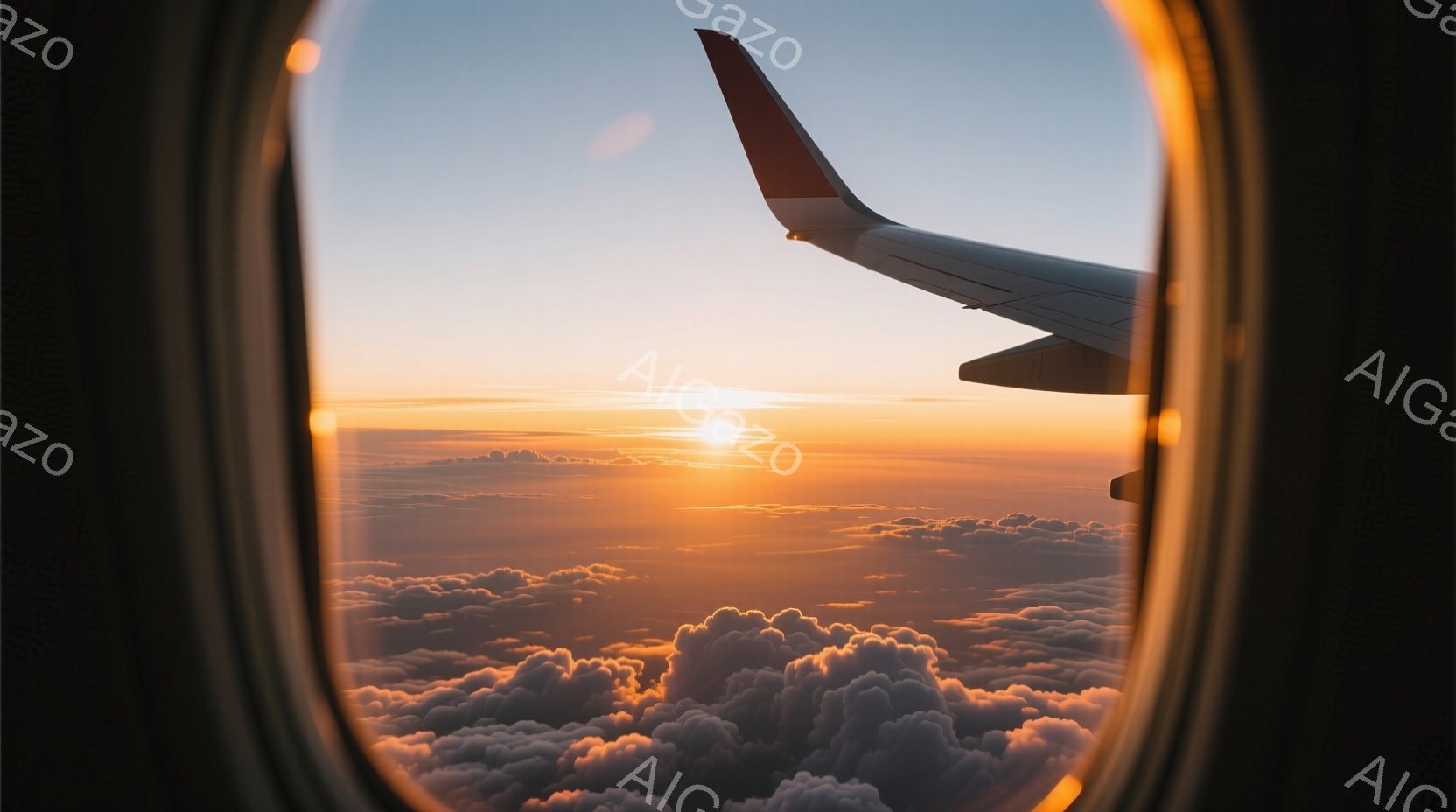 飛行機の窓から見た夕焼け空と雲海が印象的な写真です。燃えるような夕焼けが雲を照らし、オレンジと赤の色合いが美しく広がっています。翼の一部がフレームインし、旅の風景を連想させる穏やかで幻想的な雰囲気です。