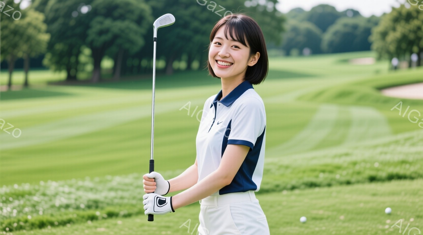 若い女性がゴルフコースでゴルフクラブを持って笑顔で立っている。彼女は白いポロシャツと白いズボンを着用し、明るい茶色のショートヘアで、明るい日差しの中でリラックスした雰囲気を醸し出している。背景には緑豊かなゴルフコースと木々が見え、晴れた日の穏やかなゴルフの風景が描かれている。