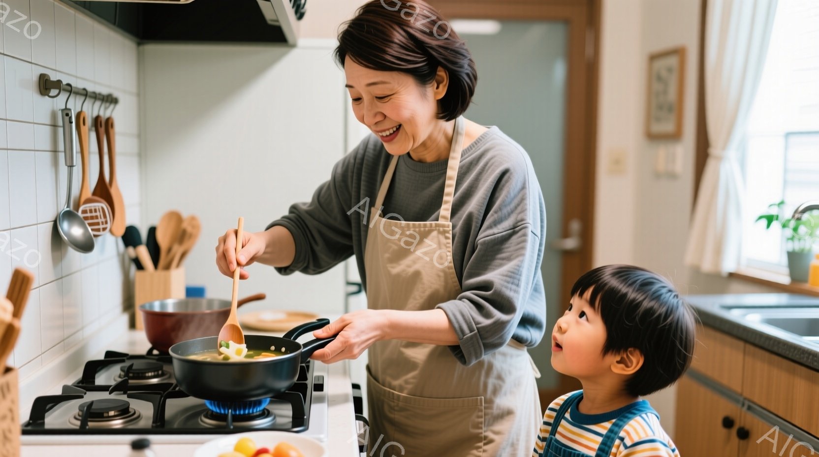 年齢を重ねた女性がエプロンをつけ、キッチンでフライパンを使って料理をしている様子が写っている。彼女はグレーのセーターを着ており、笑顔で調理に集中している。背景にはキッチン用品が並び、幼い男の子が興味津 - AI生成フリー素材
