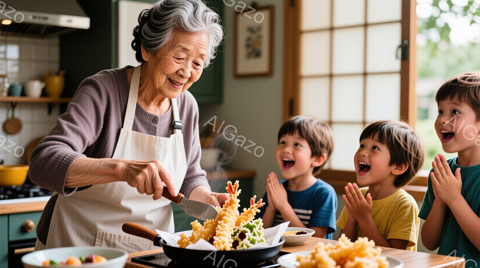 白髪の高齢の女性がエプロンをつけてキッチンで天ぷらを切っています。彼女は微笑んでおり、孫のような二人の幼い男の子は興奮して天ぷらを見つめています。背景には木製のキャビネットや自然光が差し込む窓があり、 - AI生成フリー素材