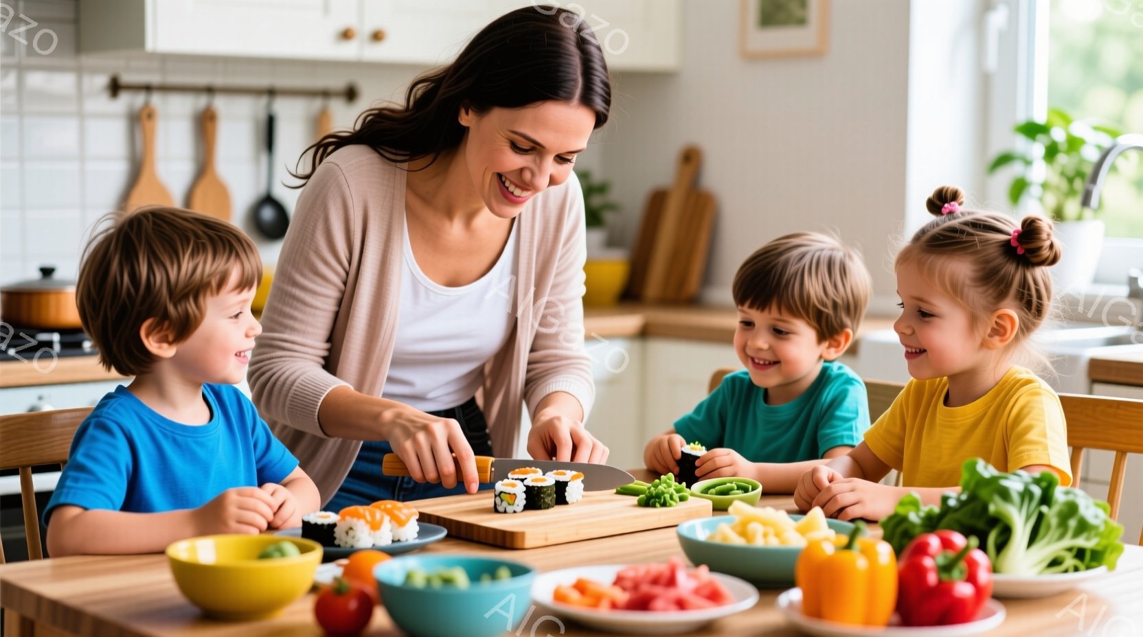 明るいキッチンで、女性が3人の子供たちを前にして寿司を作っています。女性は茶色のカーディガンを着て髪を後ろで束ね、笑顔で寿司をカットしています。子供たちはそれぞれ青色と黄色のシャツを着て、楽しそうに寿 - AI生成フリー素材