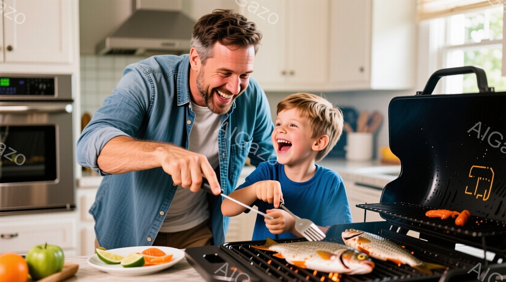 笑顔の父親と少年がキッチンで魚を焼いている様子が写っている。父親は水色のシャツとベージュ色のズボンを着用し、少年は青いTシャツを着ている。背景には、ステンレス製のオーブンや果物が置かれたカウンタがあり - AI生成フリー素材