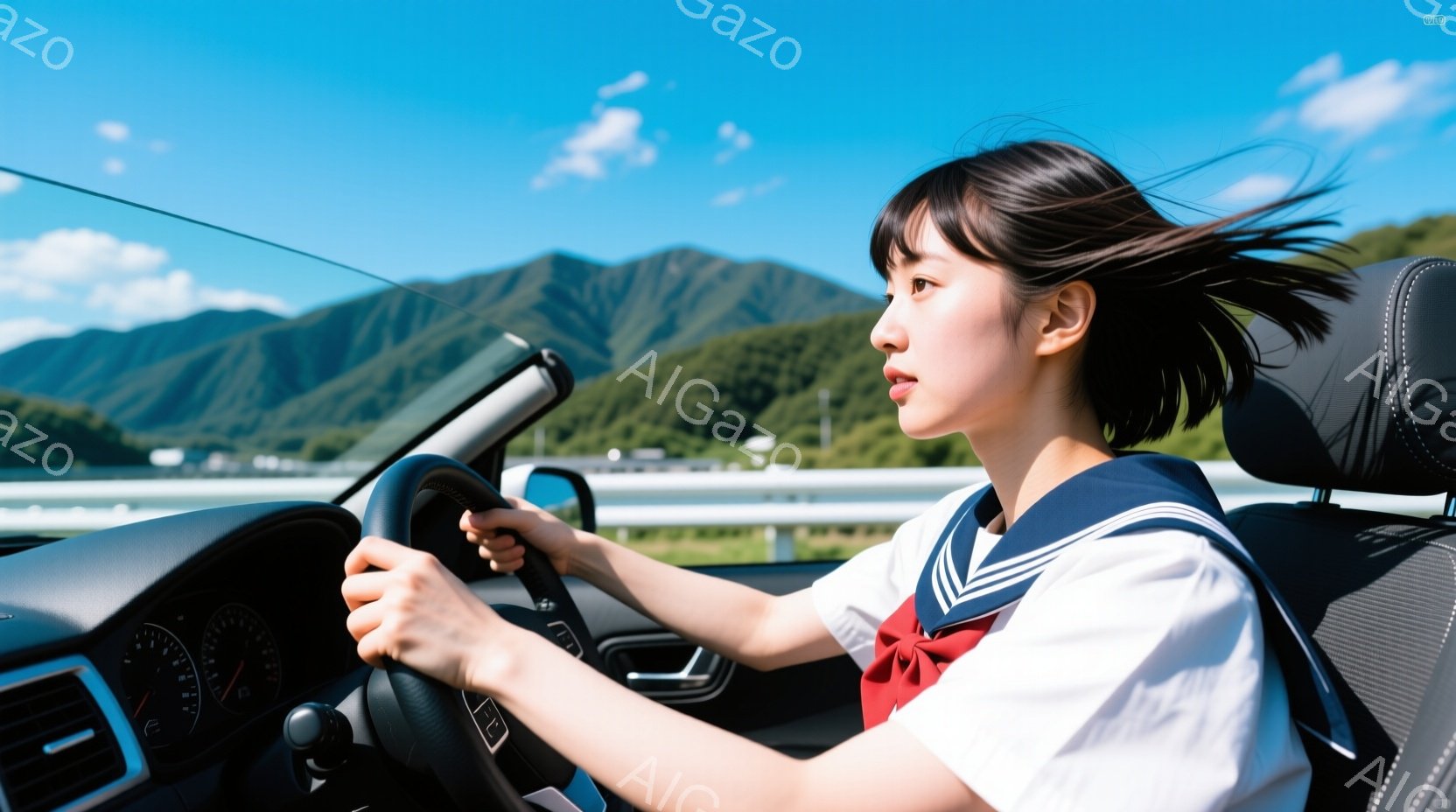 紺色の制服を着た若い女性が運転する車の内部が写っています。彼女は髪を風になびかせ、少し微笑みながら前方を向いており、運転を楽しんでいる様子がうかがえます。背景には緑豊かな山々と青空が広がり、爽やかで開放的な雰囲気を醸し出しています。