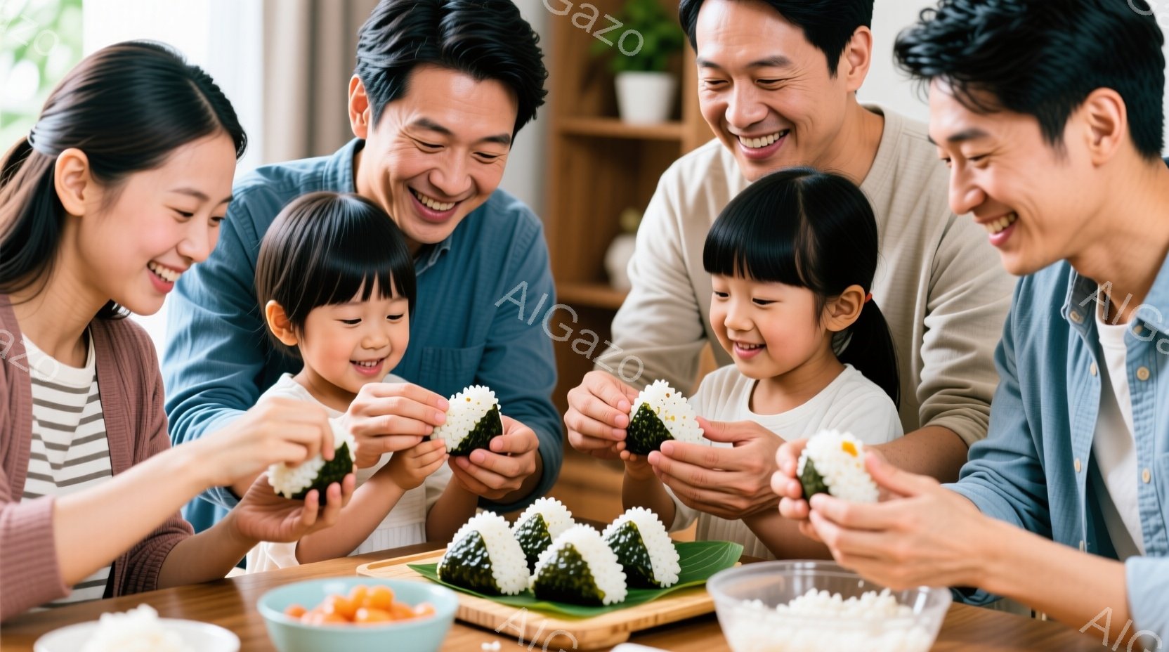 家族がテーブルを囲み、おにぎりを手作りしている様子が写っています。母親はストライプのシャツ、父親は青いシャツを着ており、子供たちは可愛らしい髪型で笑顔を浮かべています。背景には明るい室内と植物が見え、温かく幸せな家庭の雰囲気が漂っています。