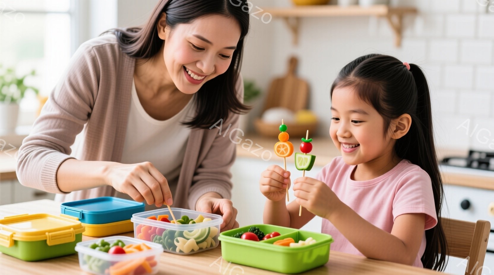 明るいキッチンで、母親と娘が一緒にランチボックスの準備をしている様子が描かれています。母親は茶色の服を着ていて、野菜を串に刺し、娘は串に刺された野菜を嬉しそうに見つめています。背景には緑色のランチボックスや調理器具が見え、温かく幸せな家庭の雰囲気が漂っています。