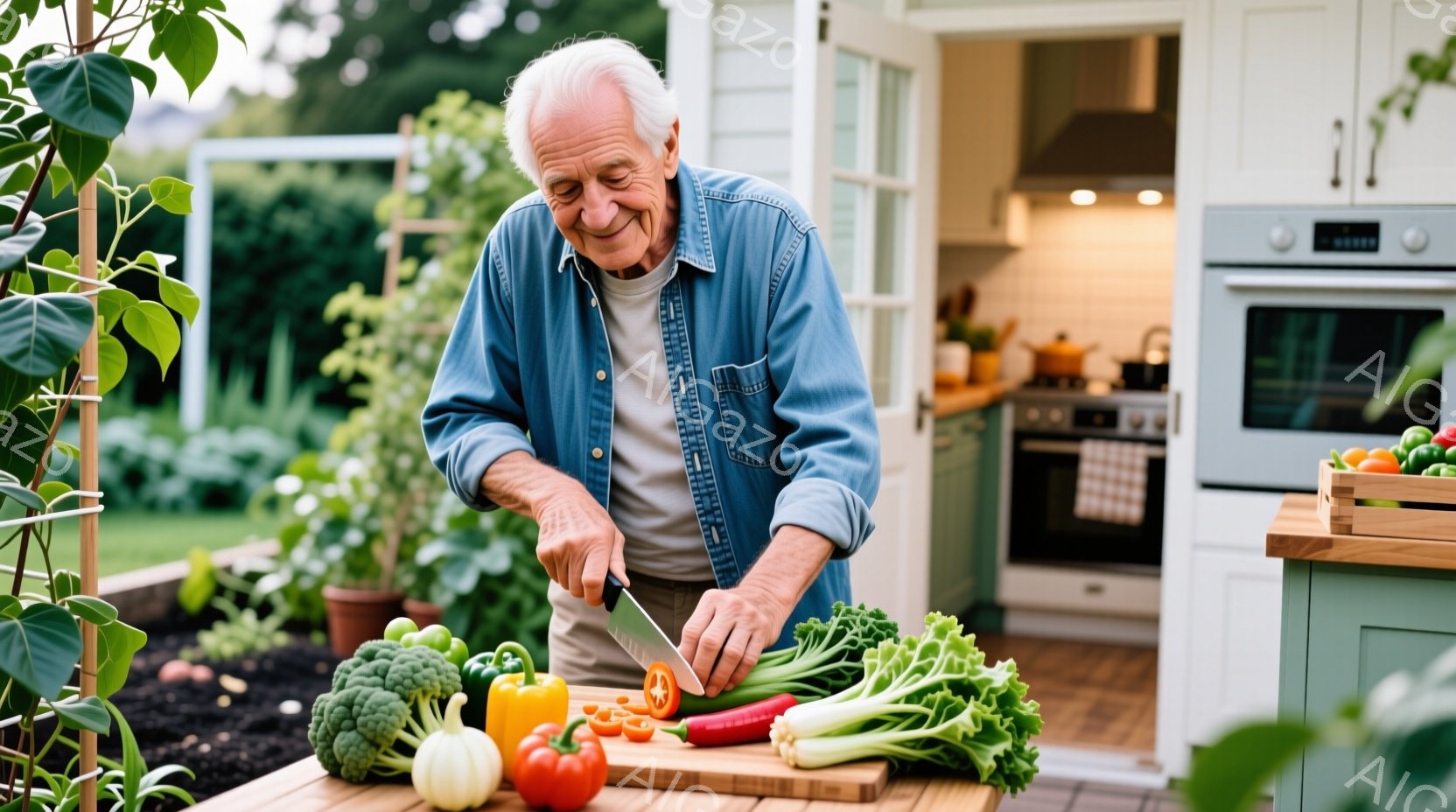白髪で少し皺のある高齢の男性が、屋外キッチンで野菜を切っています。彼は青いシャツを着ており、顔には穏やかな笑顔が浮かんでいます。背景には緑豊かな庭と白を基調とした可愛らしいキッチンが見え、晴れた日の温 - AI生成フリー素材