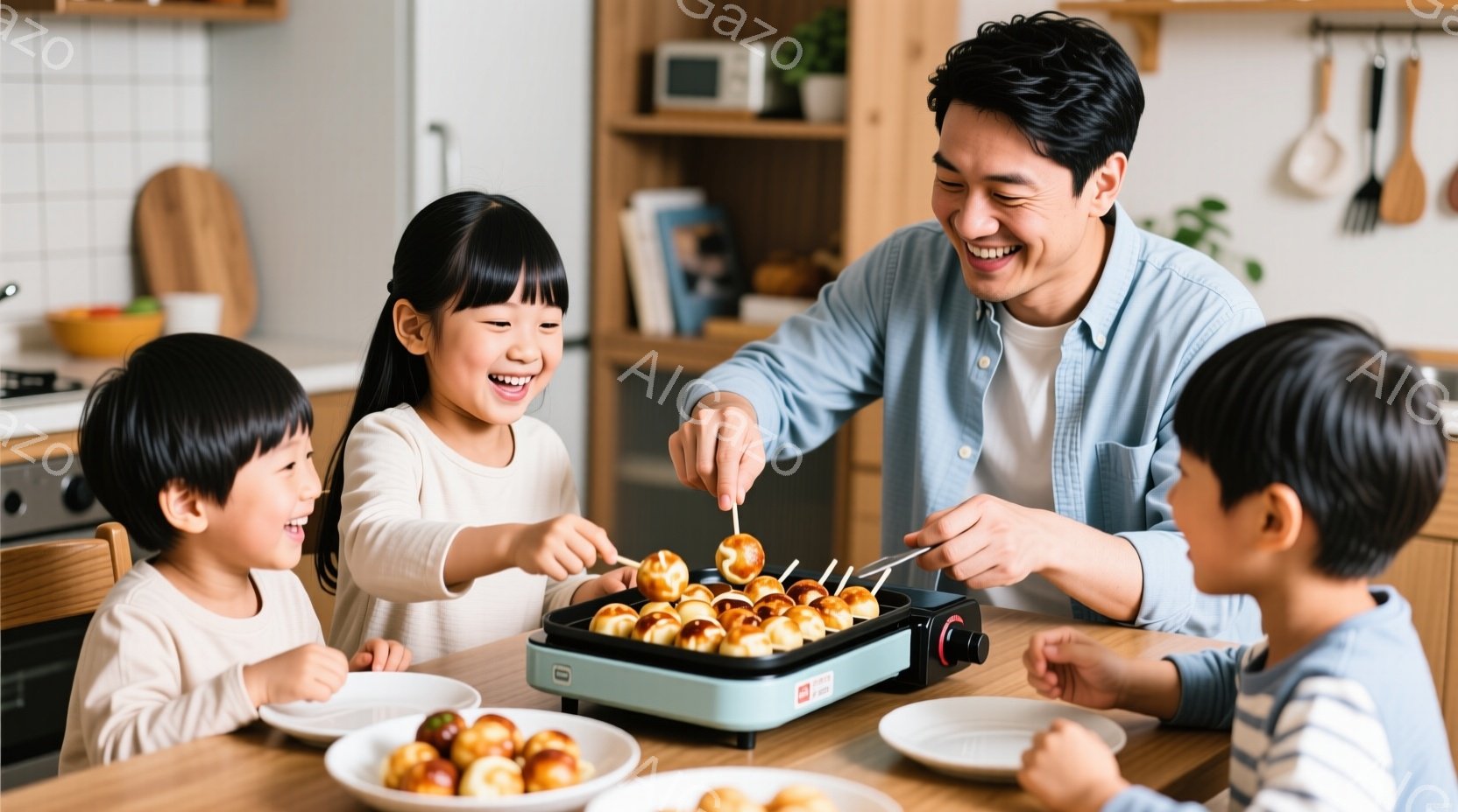 暖色のキッチンで、父親と二人の子供たちがたこ焼きを作って楽しんでいます。父親はエプロンを着て、笑顔でたこ焼きをひっくり返し、子供たちは嬉しそうにそれを見つめています。背景には木製の棚や調理器具が見え、 - AI生成フリー素材